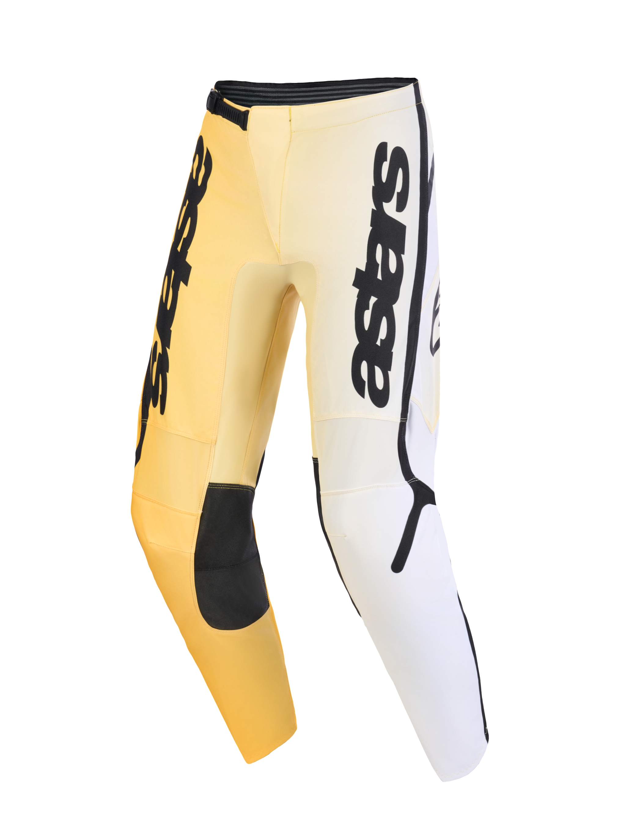 Alpinestars 2026 Fluid Apex Pants, Motocross Pants, Yellow White and Black, featuring a gradient color scheme, bold vertical astars branding on the thighs, black reinforced knee panels, and an ergonomic pre-curved design for off-road performance.