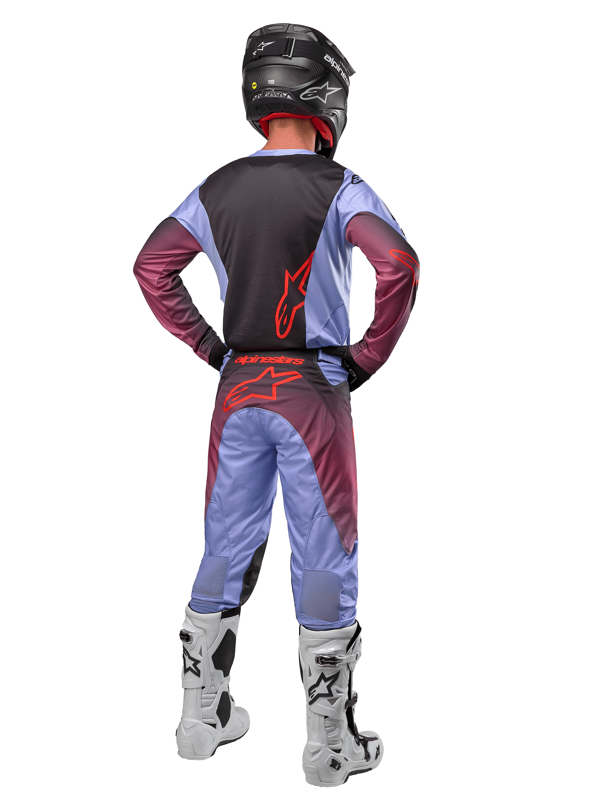 Alpinestars 2024 Racer Hoen Jersey and Pants, Lavan Purple Black, full back view of motocross rider wearing matching gear with white and black boots and a black helmet.
