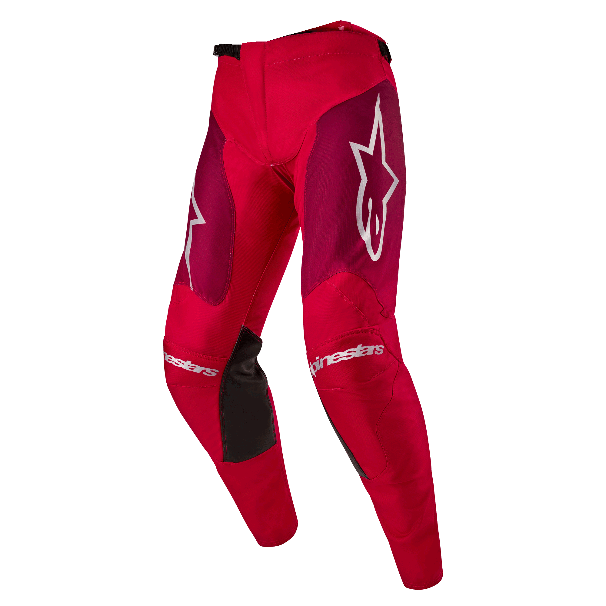 Alpinestars 2024 Racer Hoen Pants, Motocross Pants, Mars Red Burgundy, featuring burgundy thigh panels and white Alpinestars branding on the knees and hips, black inner knee grip panels, sporty pre-curved design for off-road performance