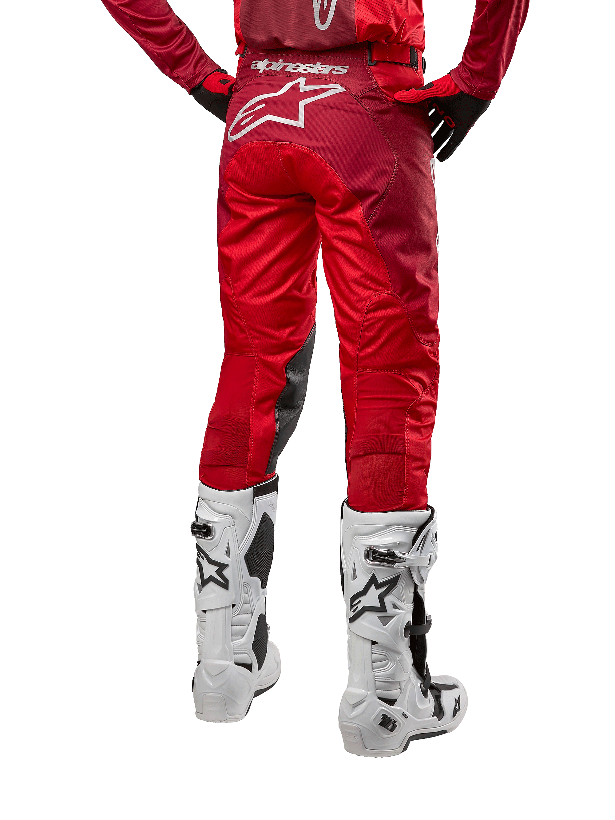 Alpinestars 2024 Racer Hoen Pants, Motocross Pants, Mars Red Burgundy, back view showing a large white Astar logo on the rear, black inner knee panels, worn with white motocross boots, high-performance off-road gear