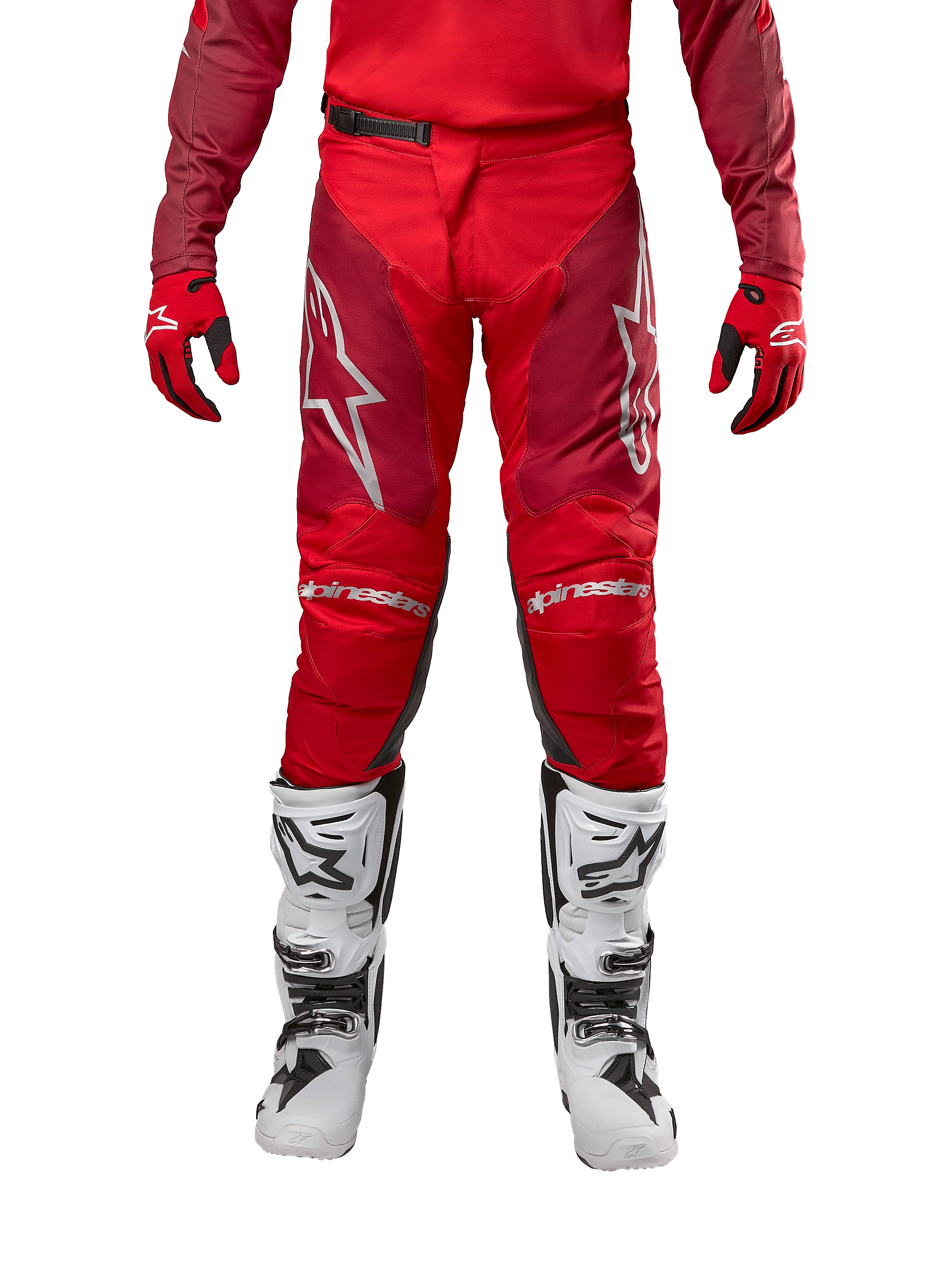 Alpinestars 2024 Racer Hoen Pants, Motocross Pants, Mars Red Burgundy, front view featuring silver Alpinestars logos and knee branding, worn with matching red jersey, red and black gloves, and white off-road boots