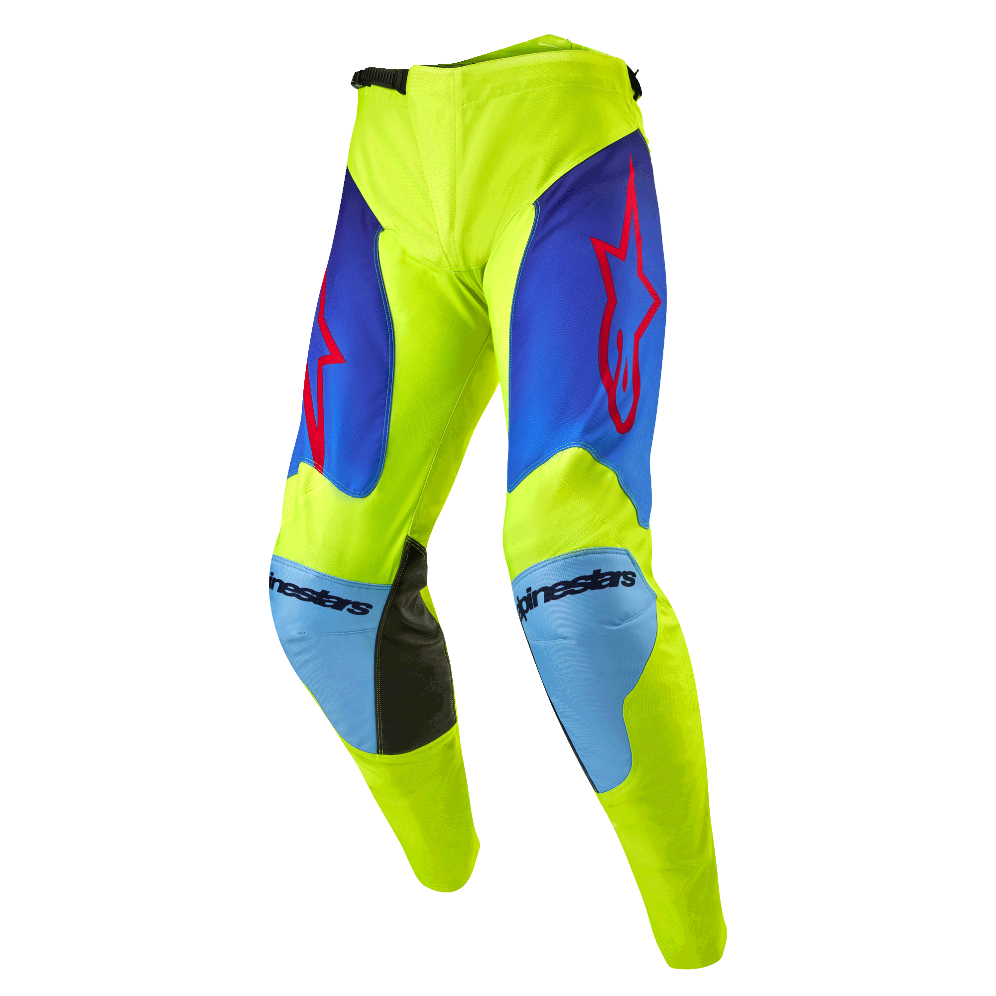 Alpinestars 2024 Racer Hoen Pants, Motocross Pants, Yellow Fluo and Blue Night Navy, featuring red star logos on the thighs, light blue knee panels with black leather inner reinforcements, sporty pre-curved construction for off-road racing