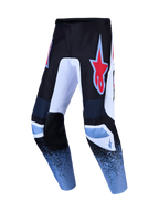 Alpinestars Fluid Drag Motocross Pants in black and blue with a red star logo and durable 600D polyfabric.