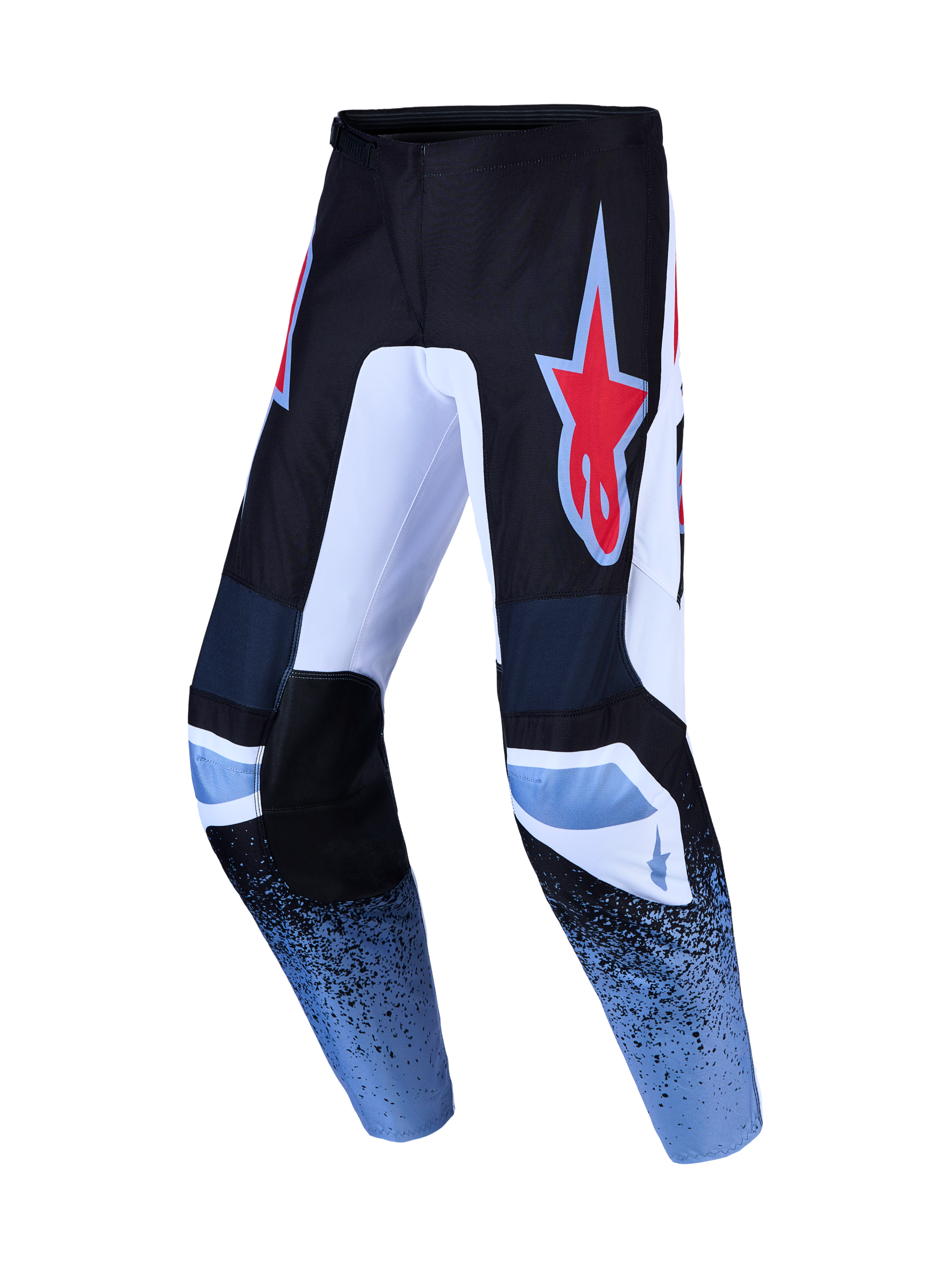 Alpinestars Fluid Drag Motocross Pants in black and blue with a red star logo and durable 600D polyfabric.
