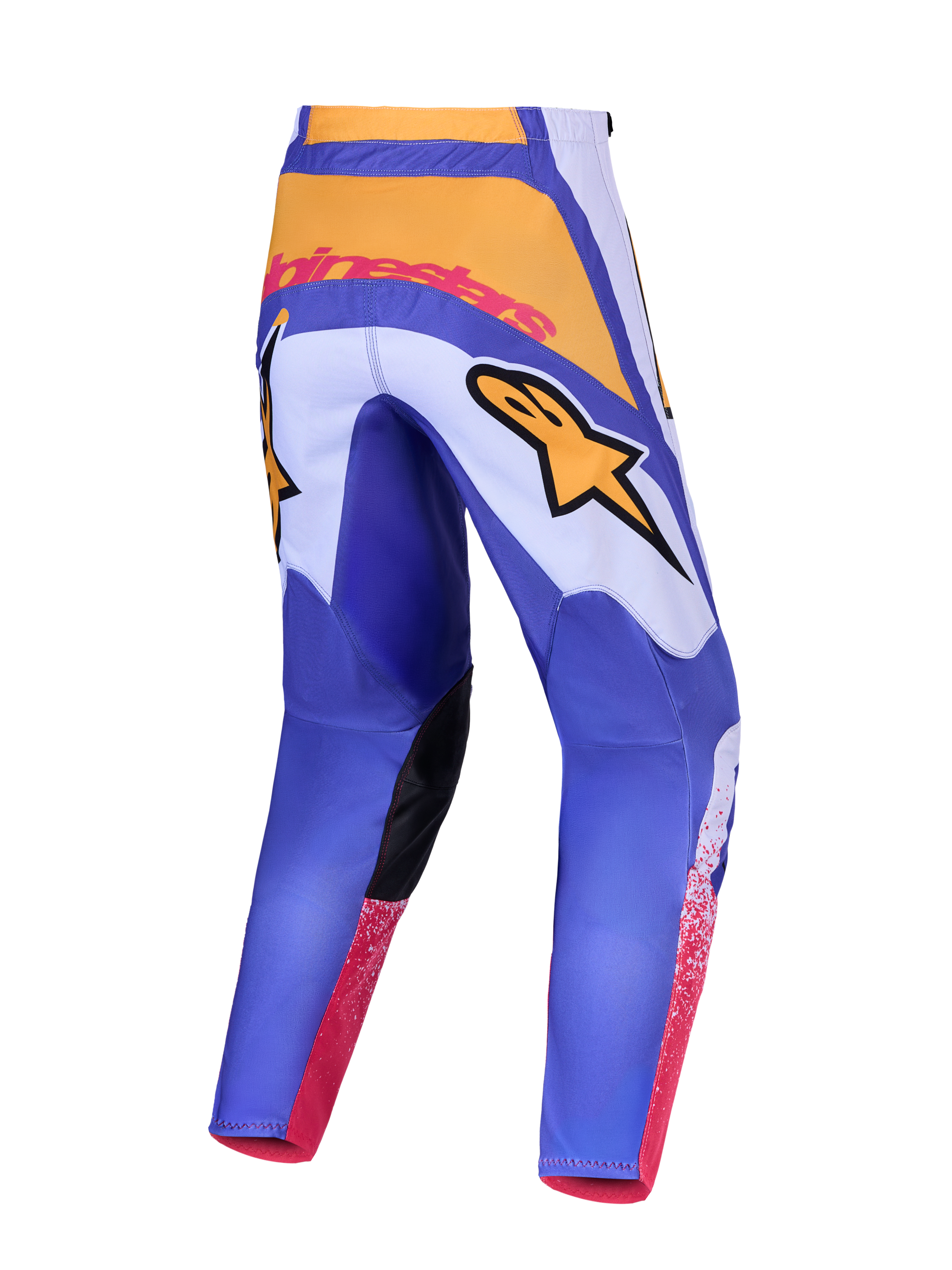 Alpinestars 2027 Fluid Drag Pants, Men's Motocross Gear, Blue and Yellow, featuring an ergonomic pre-curved 3D pattern.