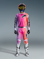 Alpinestars 2026 Racer Air Portl Gear Set, Motocross Gear, Pink Purple and Orange, complete outfit with matching helmet, yellow goggles, black gloves, and white boots, featuring bold star logo branding on the chest and legs.