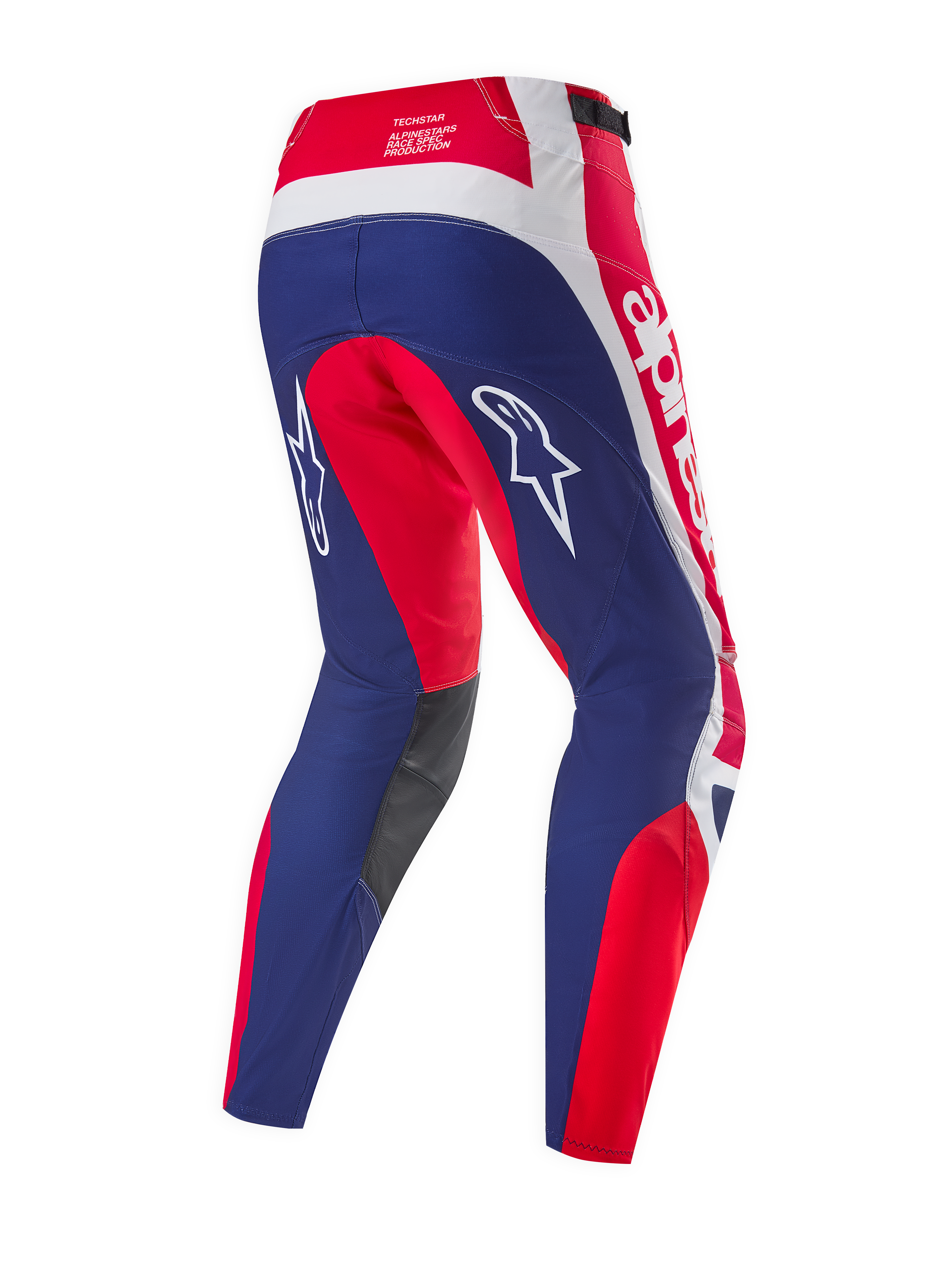 Alpinestars Limited Edition Techstar Fortitude Pants, Motocross Pants, Bright Red White and Blue, back view highlighting ergonomic racing panels, white Alpinestars logos, and dark grey inner knee panels.