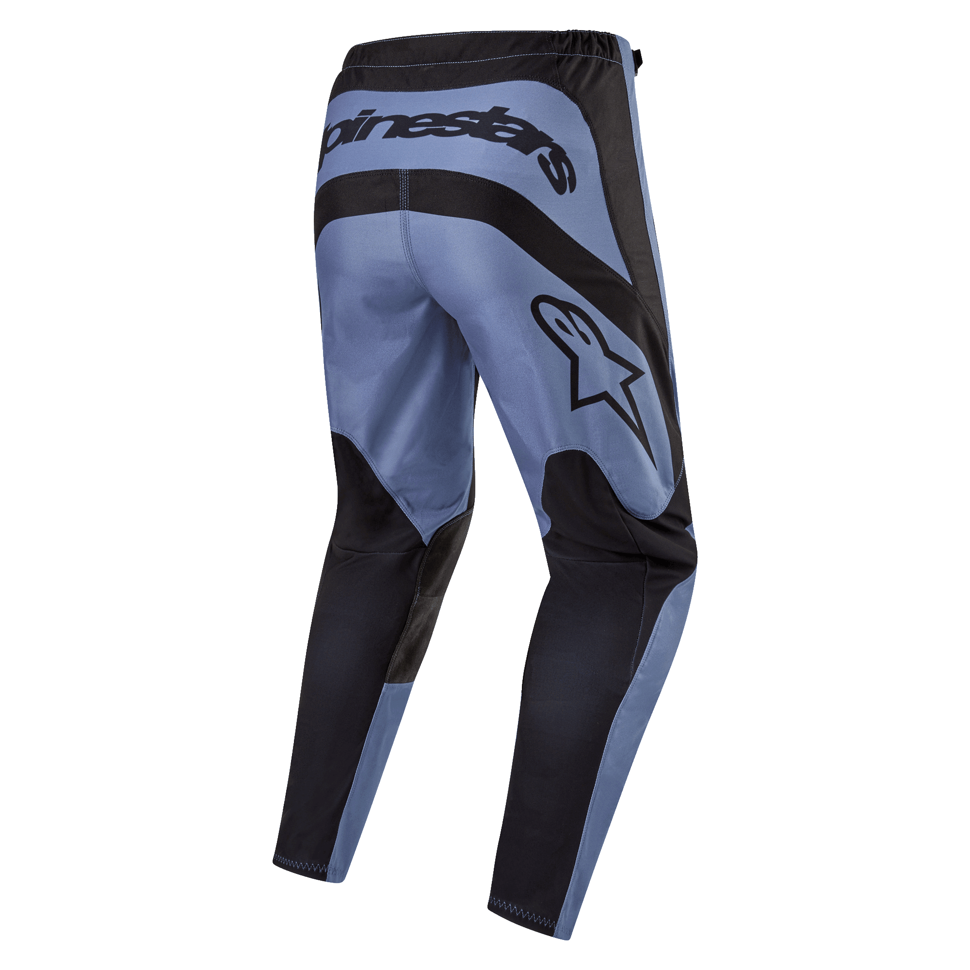 Alpinestars 2024 Fluid Lurv Pants, Motocross Pants, Light Blue and Black, rear view showing bold Alpinestars branding across the back and side, black reinforced panels on seat and inner legs, ergonomic pre-curved design for off-road performance