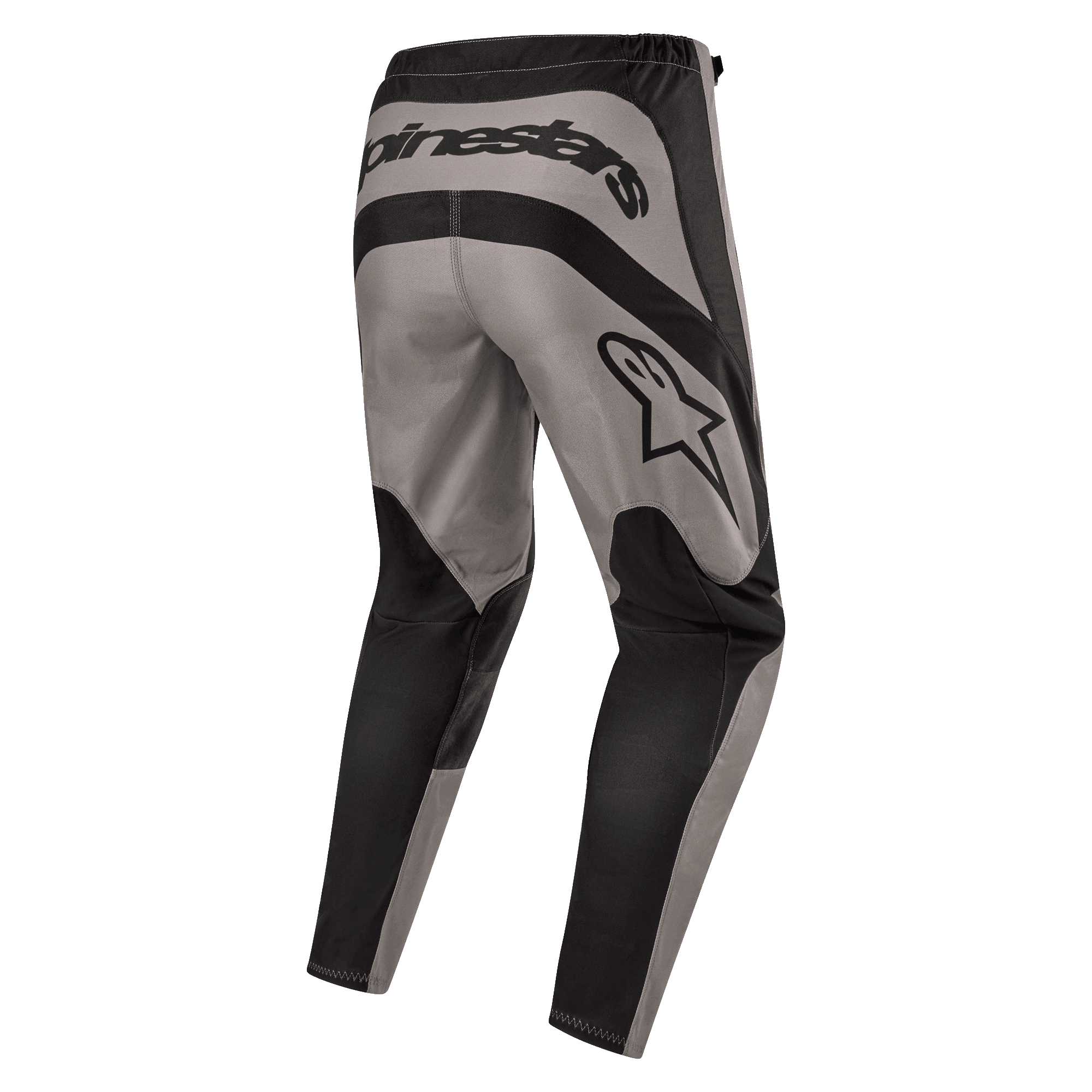 Alpinestars 2024 Fluid Lurv Pants, Motocross Pants, Mud Black, rear view showing bold Alpinestars branding across the back and star logo on the right thigh, grey and black paneled design with durable 600D poly-fabric for off-road riding.