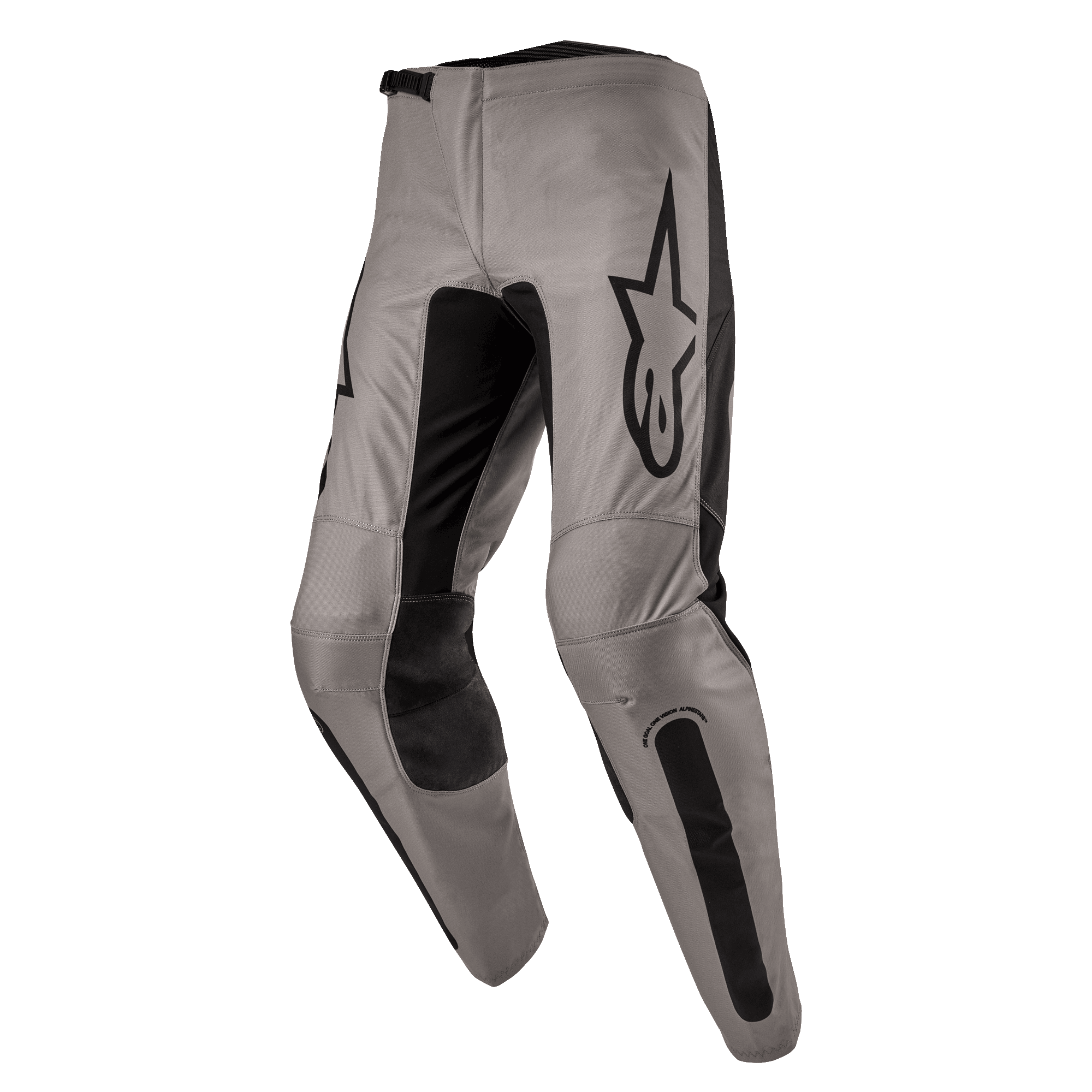 Alpinestars 2024 Fluid Lurv Pants, Motocross Pants, Mud Black, featuring a greyish-tan main chassis with black stretch panels on the inner legs and knees, prominent black Alpinestars logo on the thigh, ergonomic pre-curved design for off-road riding