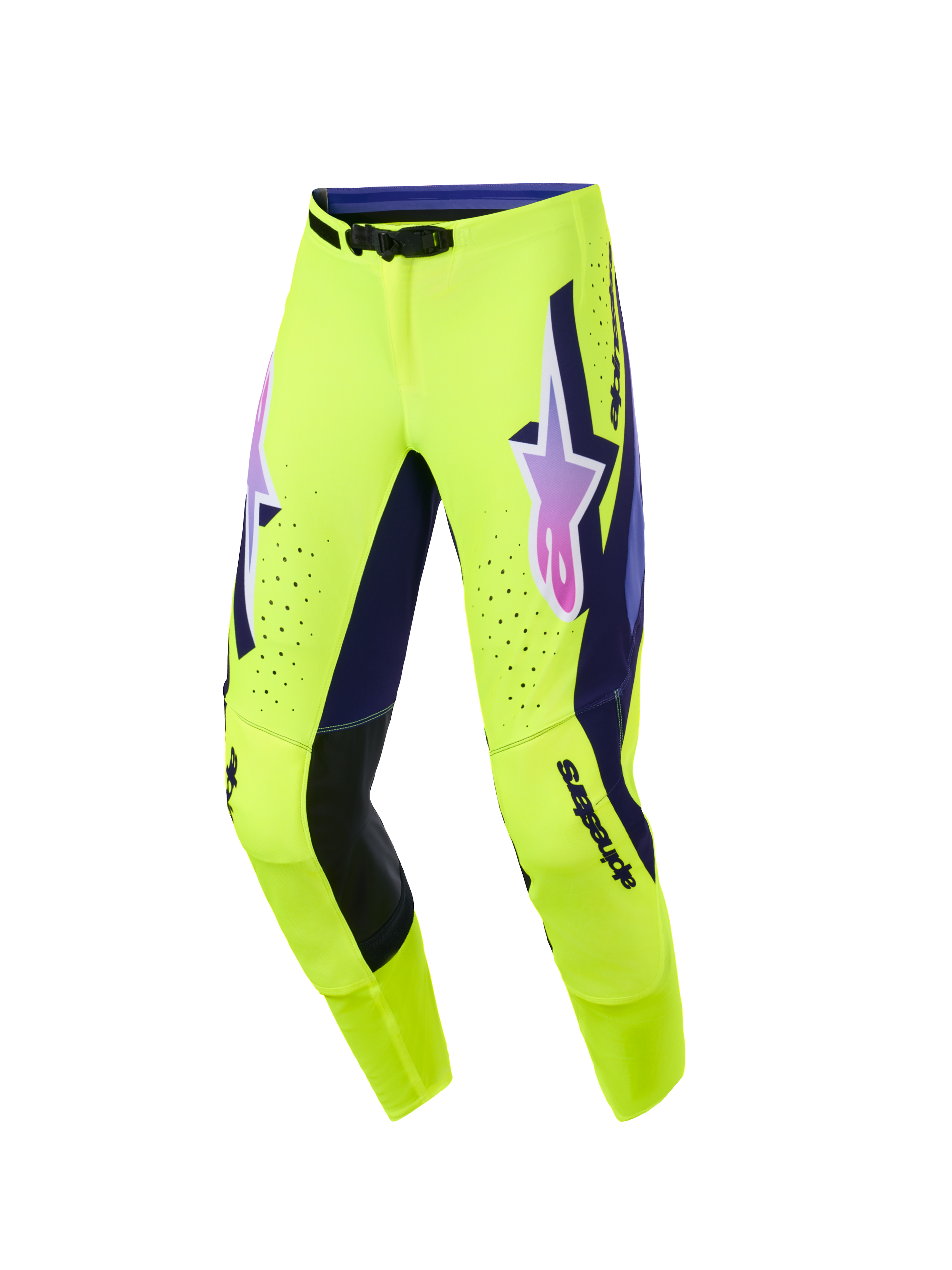 Alpinestars 2026 Supertech Vista Pants, Motocross Pants, Bright Yellow with Purple and Black accents, featuring a pink and purple gradient Alpinestars logo on the thighs, laser-cut perforations for ventilation, and an athletic race-fit design for off-road performance.