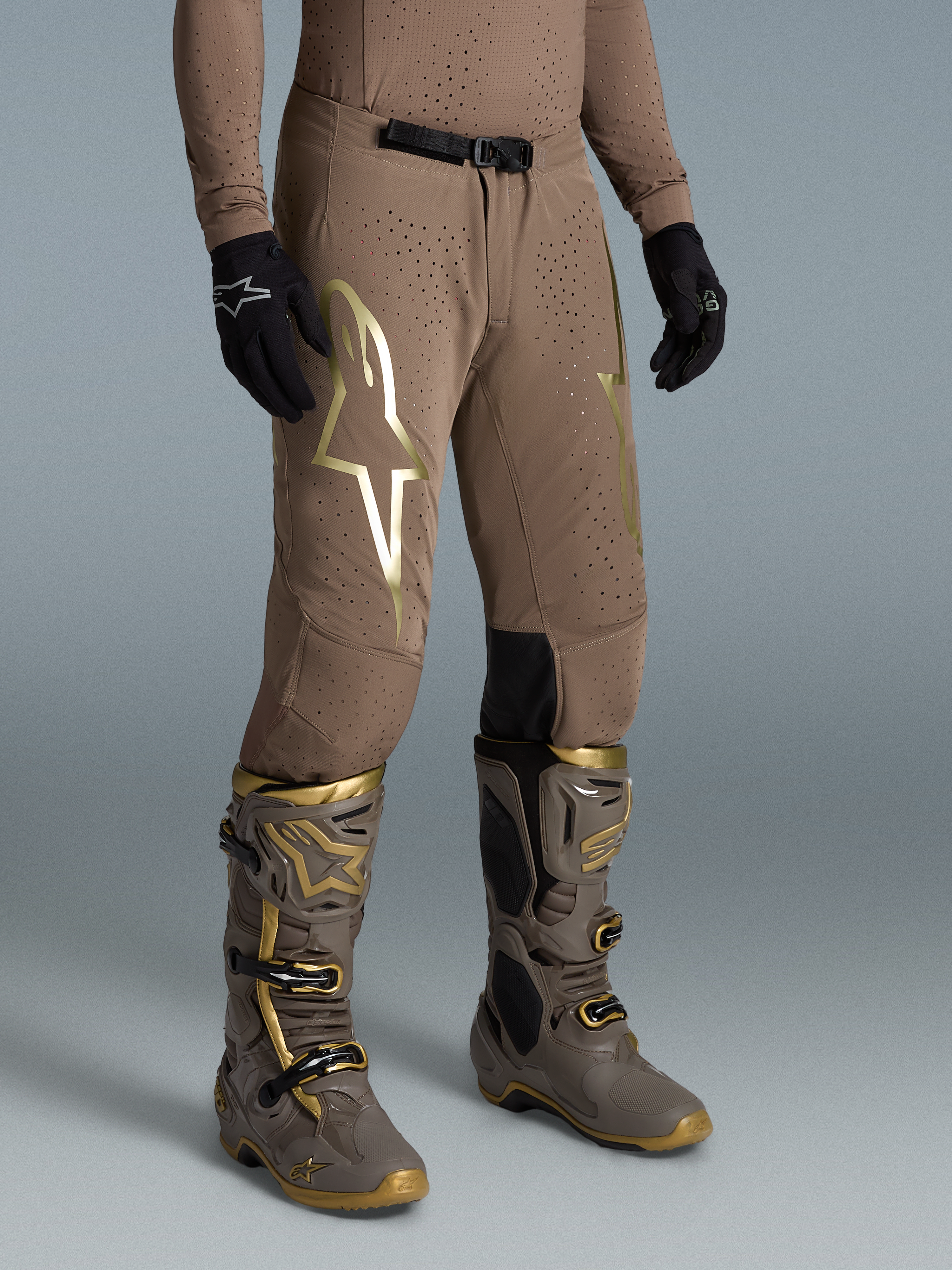 Alpinestars Limited Edition Supertech Air Gold Pants, Motocross Racing, Earth Brown and Gold, perforated stretch fabric.