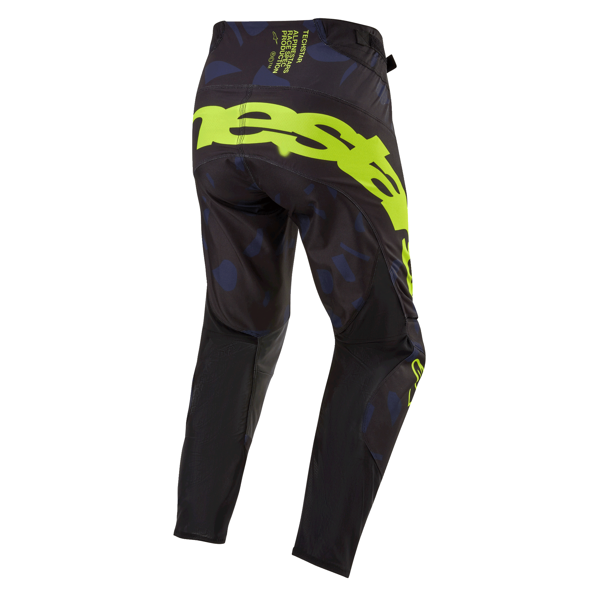 Alpinestars 2024 Techstar Rantera Pants, Motocross Pants, Black Navy and Yellow Fluo, rear view featuring bold yellow fluo branding on the seat, navy patterned panels, and technical black fabric for off-road racing performance