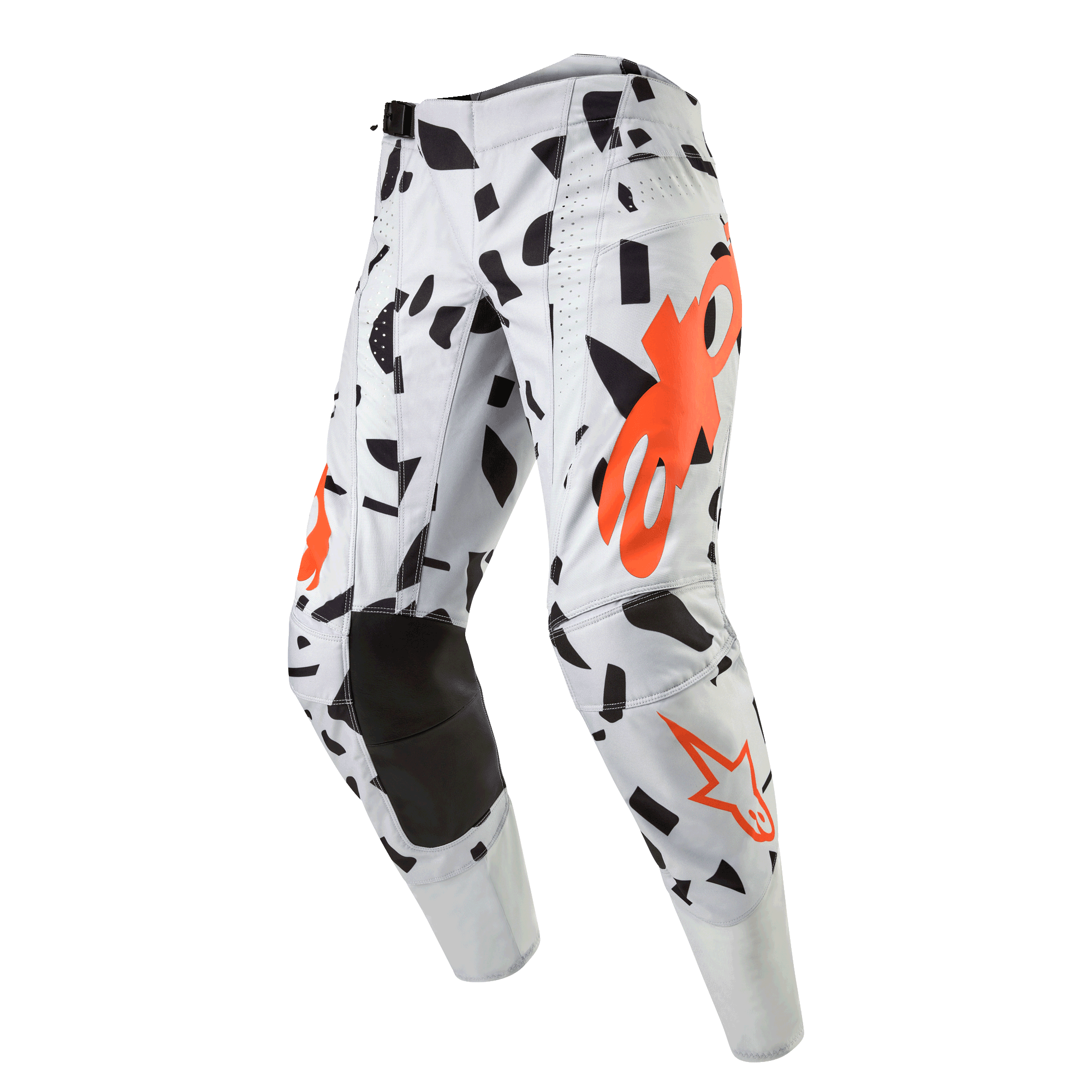 Alpinestars 2024 Techstar Rantera Pants, Motocross Pants, Haze Gray Camo, Light gray with black abstract shapes and orange logos, reinforced black knees, professional off-road racing gear