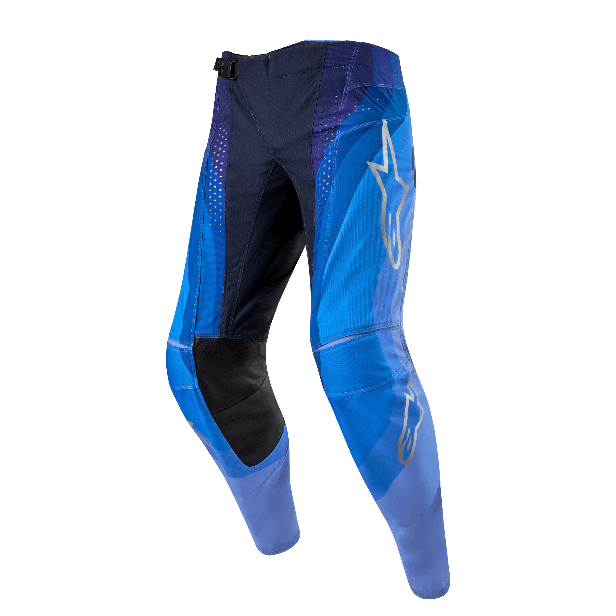 Alpinestars 2024 Techstar Pneuma Pants, Motocross Pants, Dark Navy and Light Blue, featuring a silver Alpinestars star logo on the thigh, black leather inner knee panels, and laser-cut ventilation perforations.