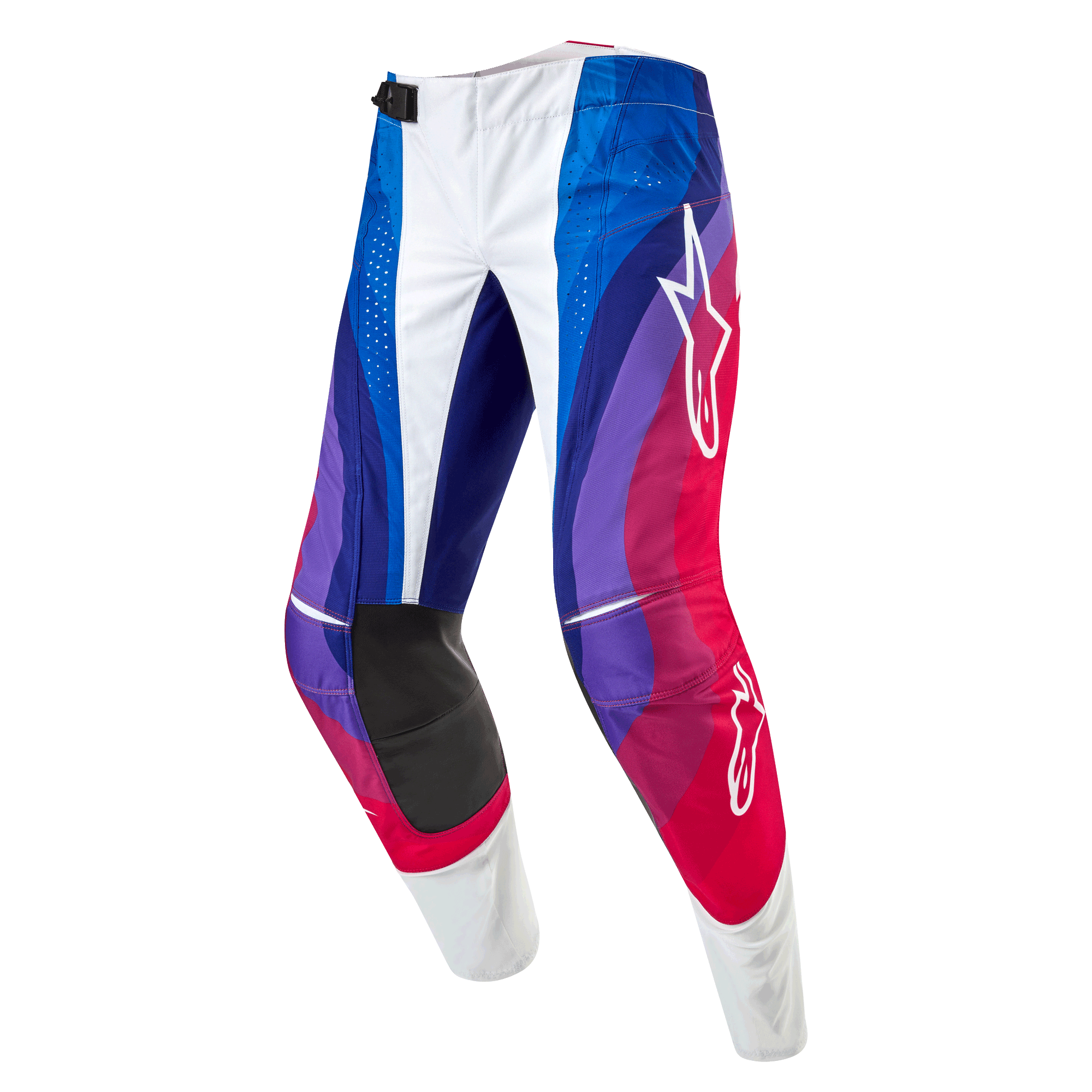 Alpinestars 2024 Techstar Pneuma Pants, Motocross Pants, Blu Mars Red White, featuring a dynamic wave pattern in shades of blue, purple, and red, white Alpinestars logos, and durable black inner knee panels