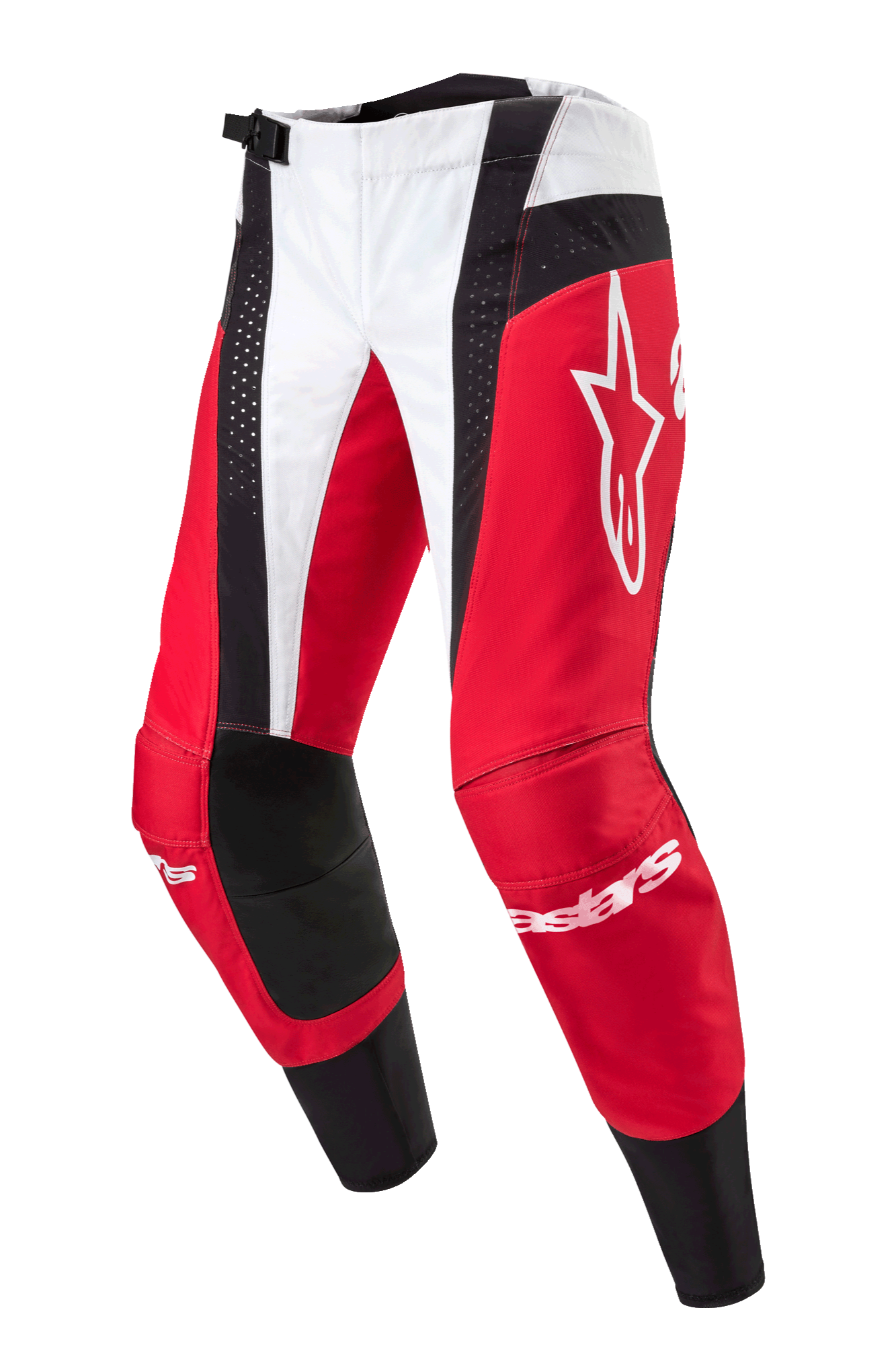 Alpinestars 2024 Techstar Ocuri Pants, Motocross Pants, Mars Red White and Black, featuring red and white panels with black perforated accents, large white Astar logo on the thigh, Alpinestars branding on shins, durable design for off-road racing