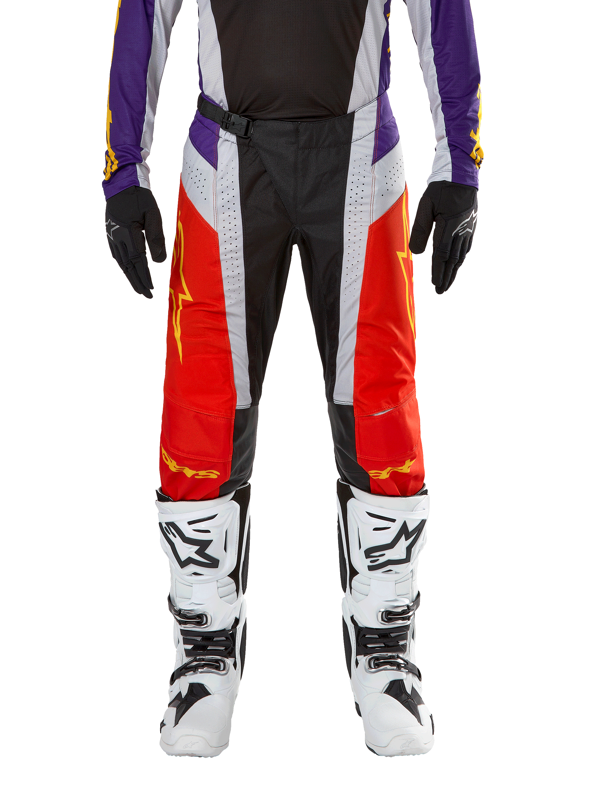 Alpinestars 2024 Techstar Ocuri Pants, Motocross Pants, Hot Orange Purple and Black, worn with matching jersey, black gloves, and white boots, featuring vibrant orange front panels, purple waist accents, and perforated grey sections, technical design for off-road racing