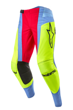 Alpinestars 2024 Techstar Ocuri Pants, Motocross Pants, Light Blue, Yellow Fluo, and Red Berry, featuring black inner knee panels, bold Alpinestars logo, and vibrant multi-colored panels for off-road racing.