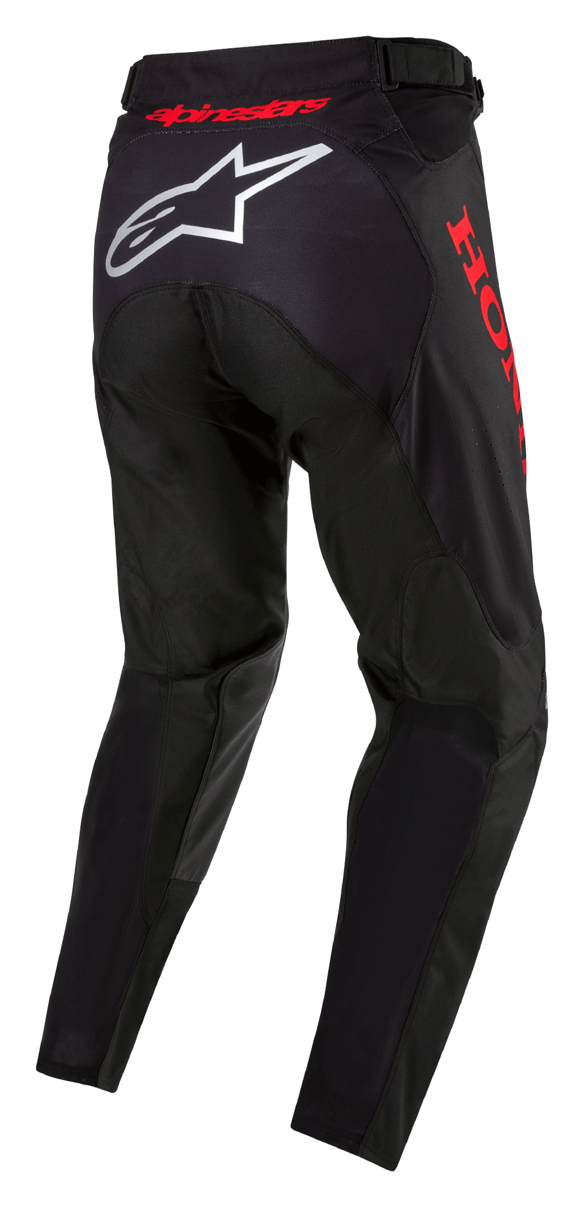Honda Racer Iconic Pants, Motocross Pants, Black and Red, rear view featuring white Alpinestars logo on the seat and red Honda branding on the side, ergonomic design with red waistband logo for off-road racing.