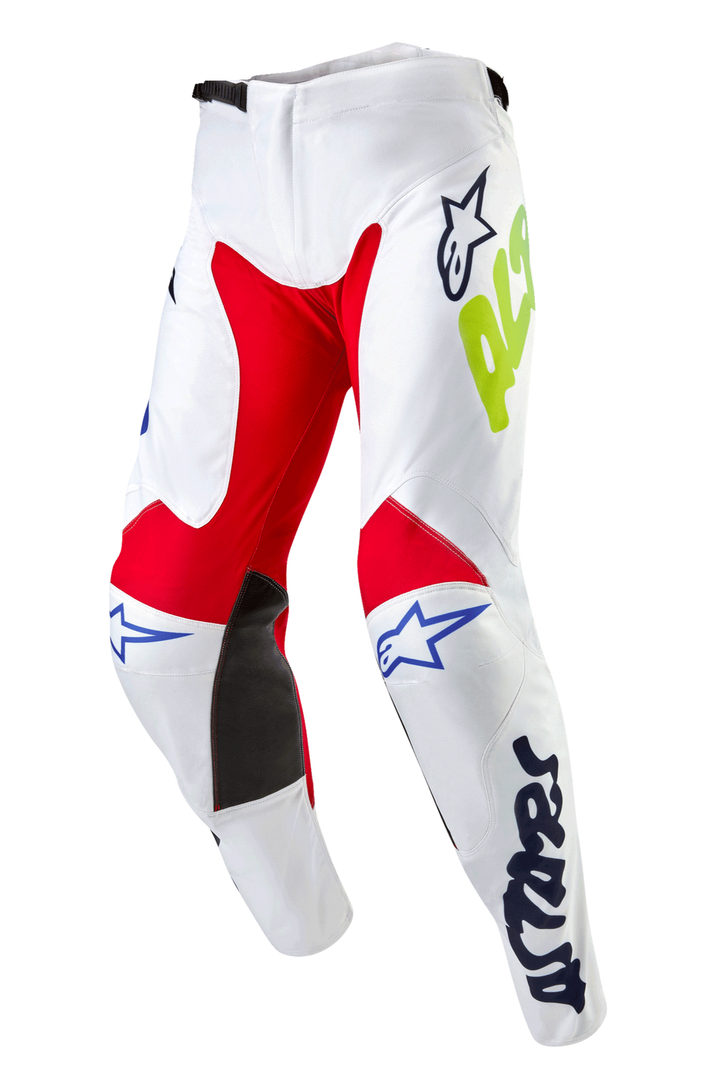 Alpinestars 2024 Racer Hana Pants, Motocross Pants, White Multicolor, featuring red and black inner knee panels, blue Astars logos and neon yellow branding, pre-curved design with ratchet waist closure, durable textile gear for off-road racing