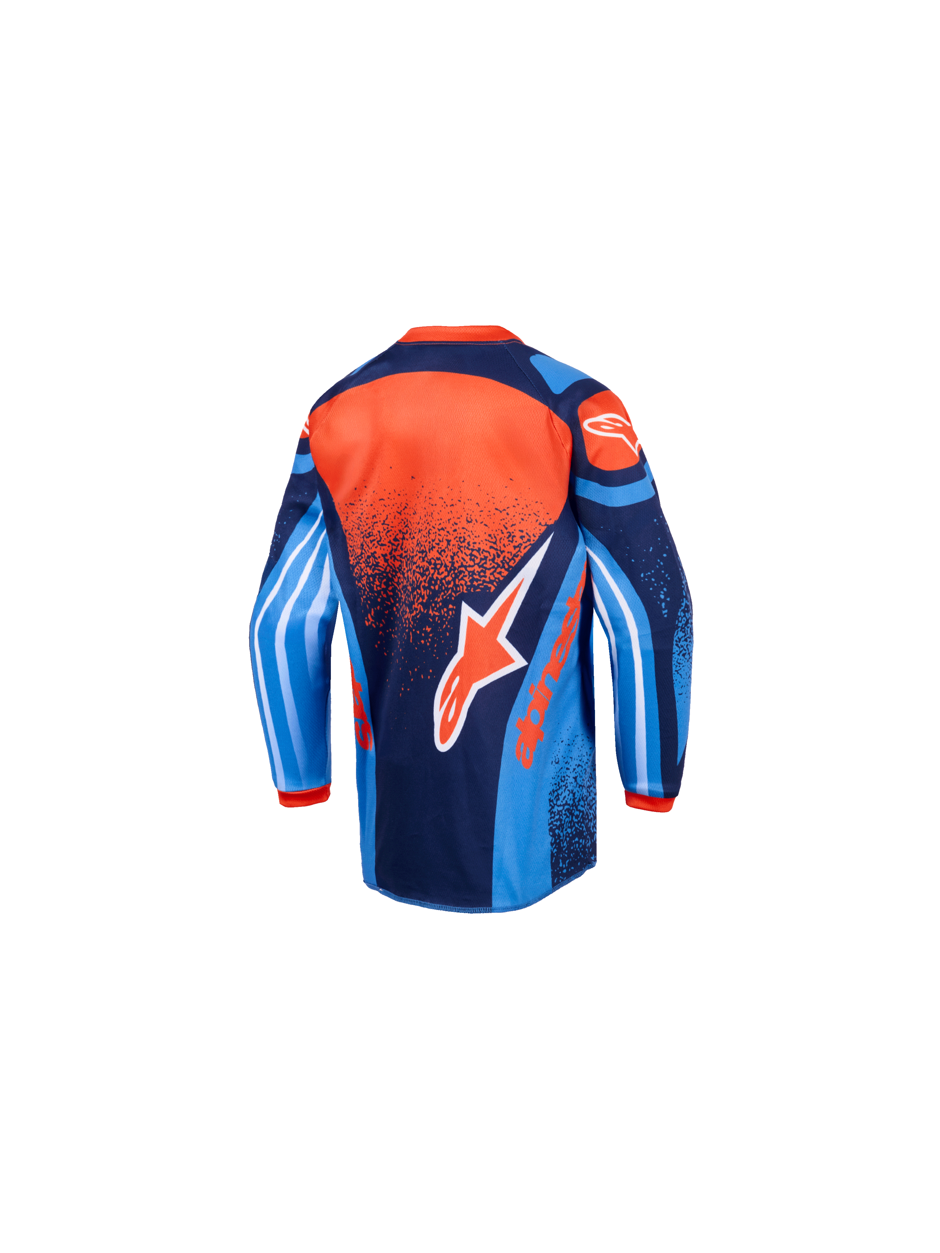 Alpinestars 2026 Kids Racer Nomur Jersey, Motocross Jersey, Dark Navy, Orange, and UCLA Blue, back view, featuring large Alpinestars branding, an extended rear hem, and vibrant graphic sleeves for youth off-road performance.
