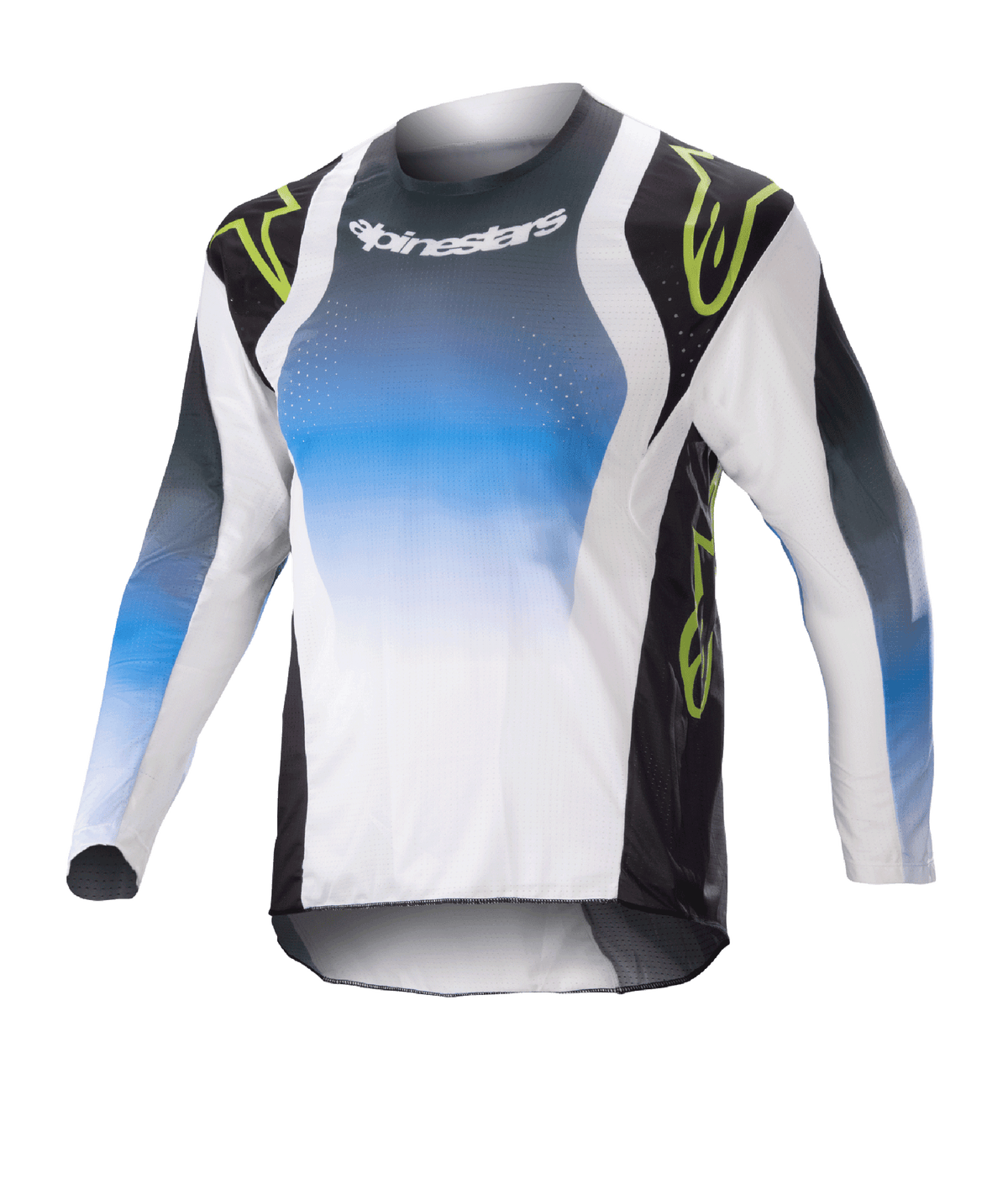 Alpinestars Kids 2023 Racer Push Jersey, Youth Motocross Long-Sleeve Jersey, Blue White and Black with Neon Green Accents, Gradient Design with Alpinestars Logo on Chest, Lightweight Breathable Fabric for Off-Road Performance