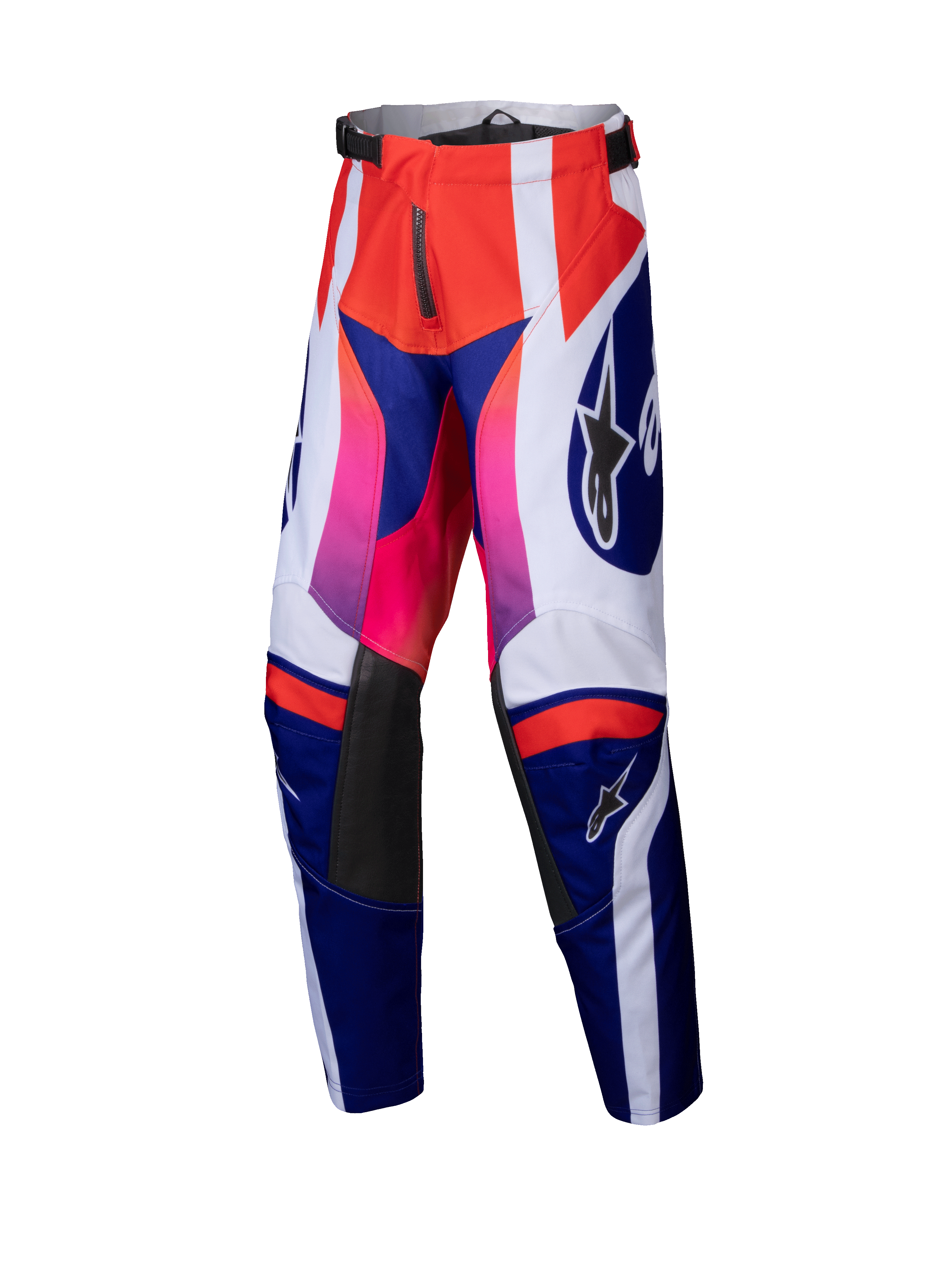 Alpinestars 2025 Youth Racer Wurx Pants, Motocross Pants, Red Blue Pink and White, bold geometric pattern with pink-to-red gradients, black leather inner knee panels, adjustable waist, durable textile construction for youth off-road racing
