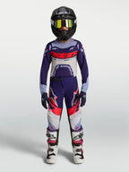 Alpinestars Youth Supertech Dyna Motocross Pants, purple and pink fluo gear set shown on-model for off-road racing.