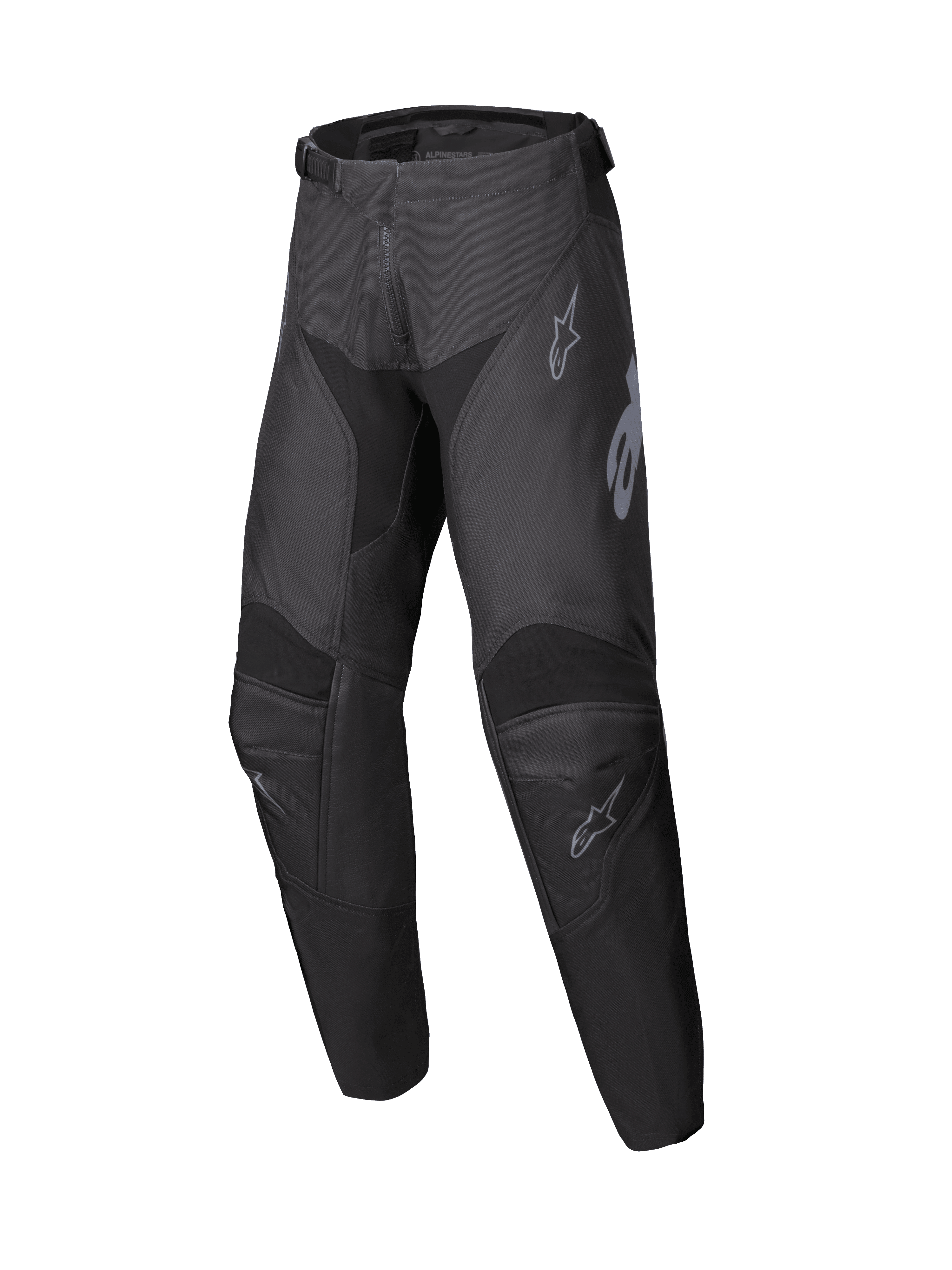 Alpinestars 2025 Youth Racer Graphite Pants, Motocross Pants in Black and Gray, youth off-road riding gear with reinforced knee areas and subtle gray logos, durable ergonomic design