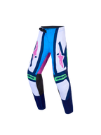 Alpinestars Youth Supertech Maven Pants, blue and white motocross racing pants with pink graphics and athletic stretch fit.