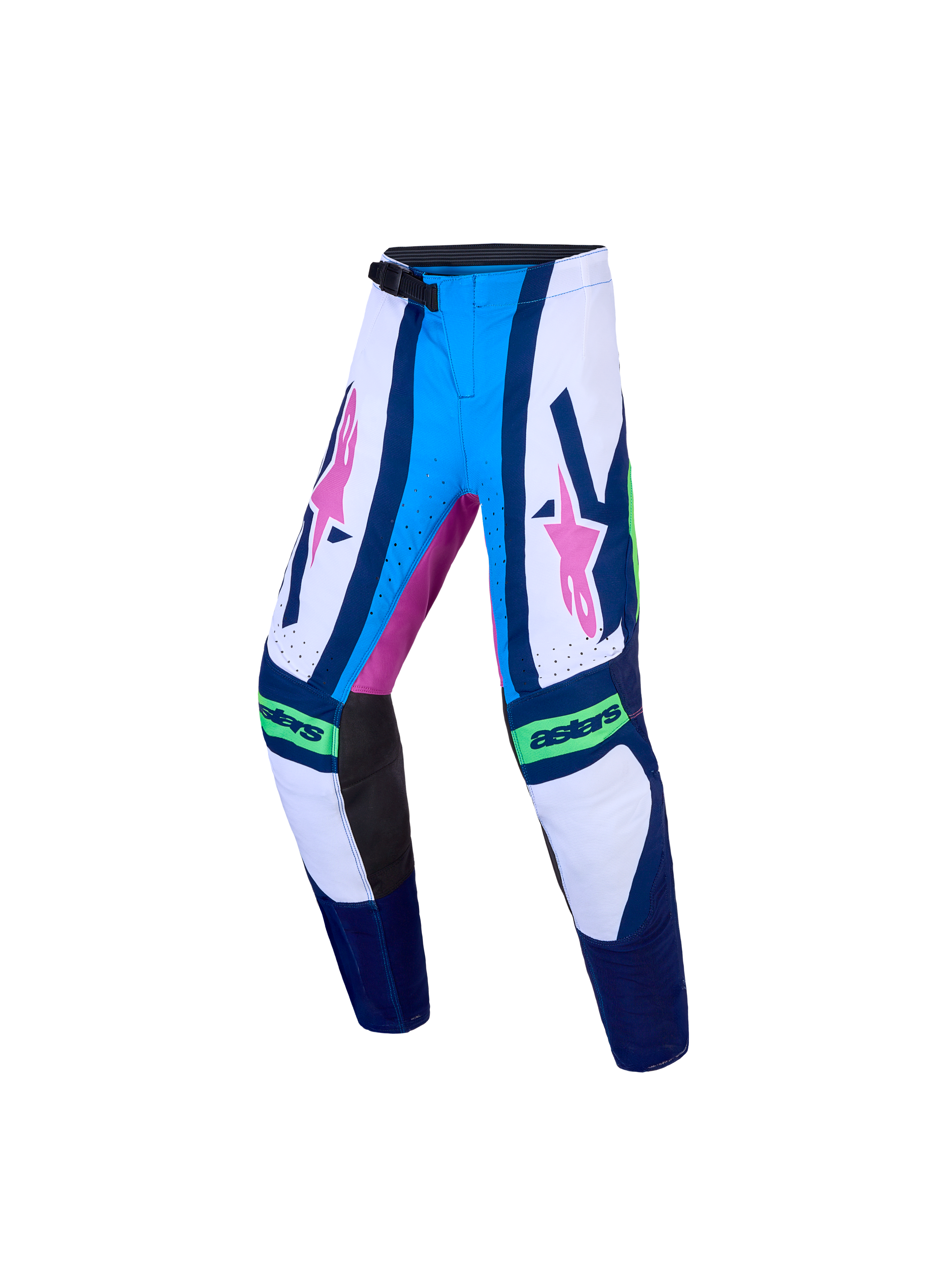 Alpinestars Youth Supertech Maven Pants, blue and white motocross racing pants with pink graphics and athletic stretch fit.