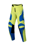Alpinestars 2025 Youth Racer Veil Pants, Motocross Pants, Yellow Fluo and Blue with Black details, Youth Riding Gear, featuring star logos on thighs and knees, ergonomic pre-curved design for off-road racing