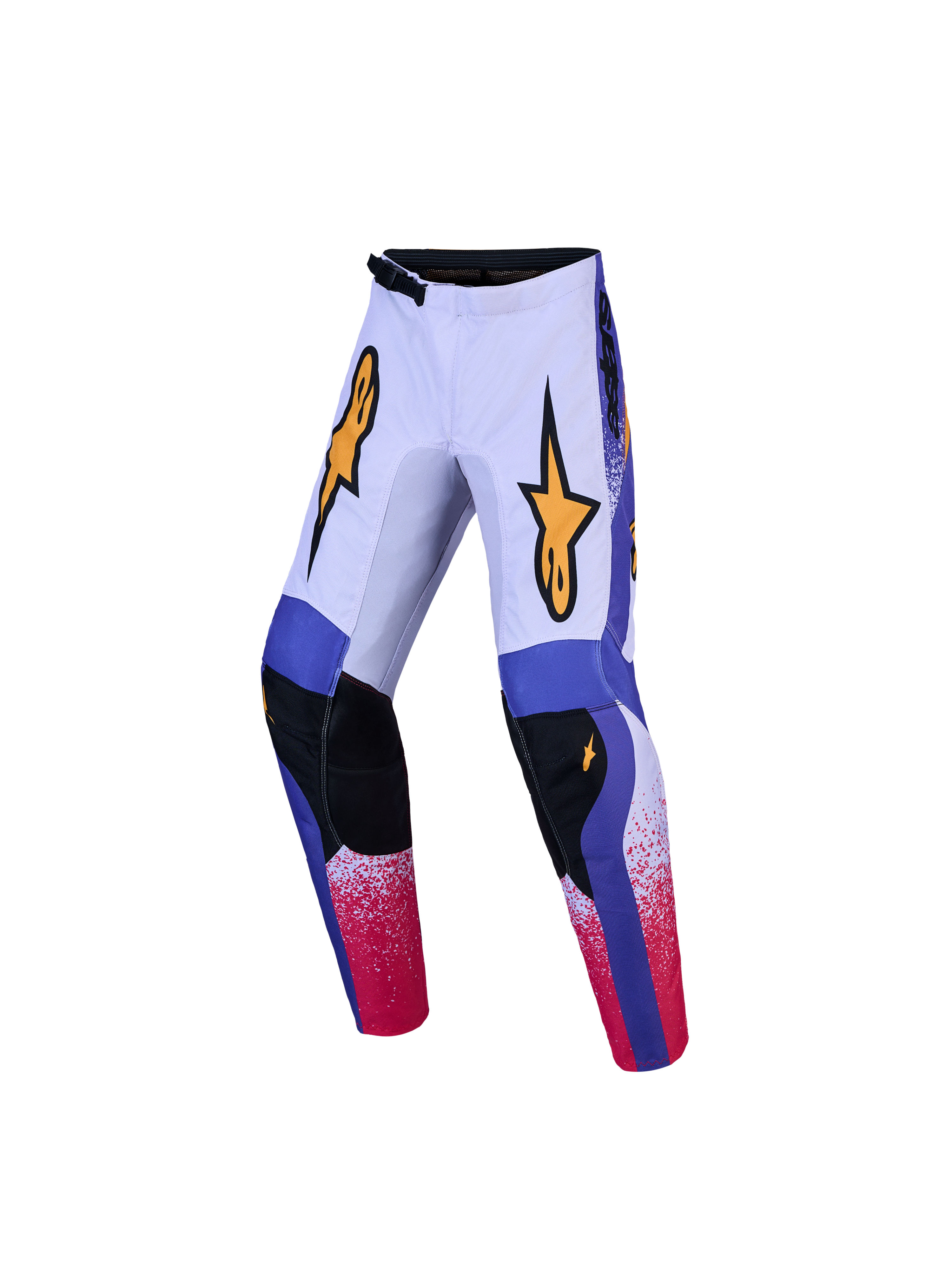 Alpinestars 2027 Youth Fluid Drag Pants, blue and lilac youth MX gear with gold star graphics and synthetic leather knees.