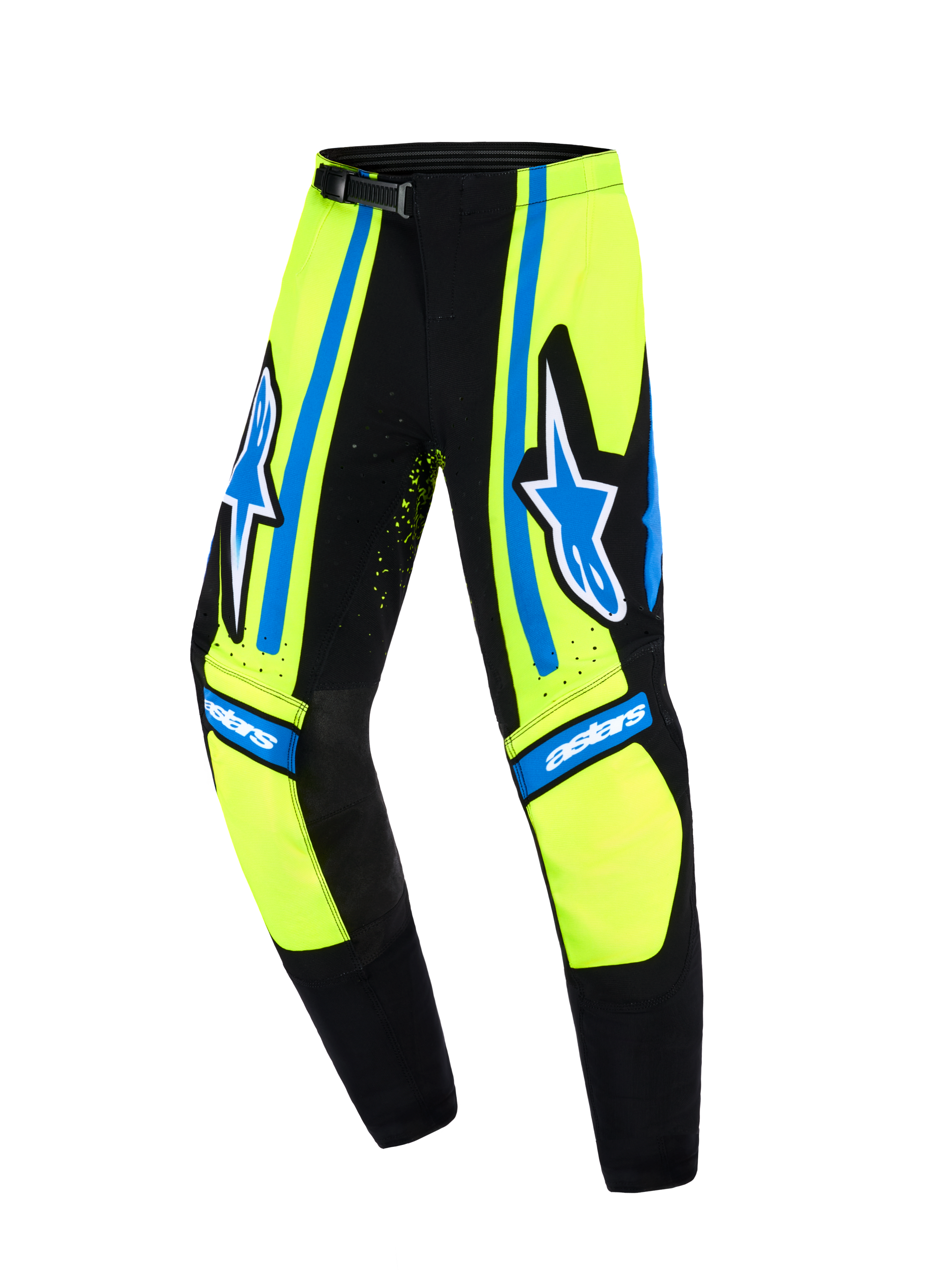 Alpinestars 2026 Youth Supertech Nomur Pants, Motocross Pants, Yellow Fluo, Dark Navy and Blue, featuring bold star logos on the outer thighs, black reinforced inner knee panels, and "astars" branding, athletic race fit for off-road performance