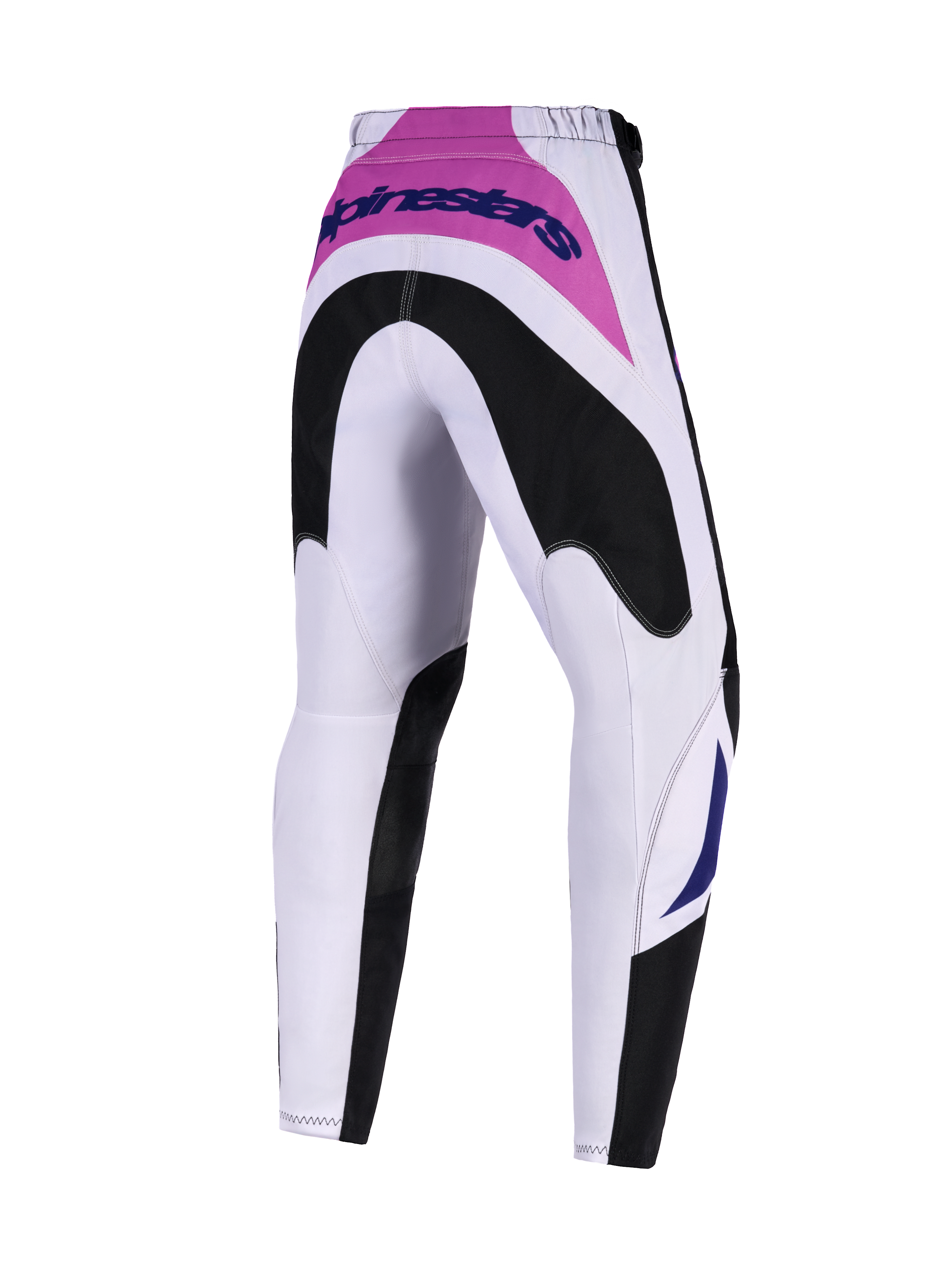 Alpinestars 2026 Youth Fluid Grid Pants, Motocross Pants, Black, Light Gray, and Purple, rear view showing black reinforced seat and pink yoke with blue branding, durable sport-fit design for youth off-road riding.