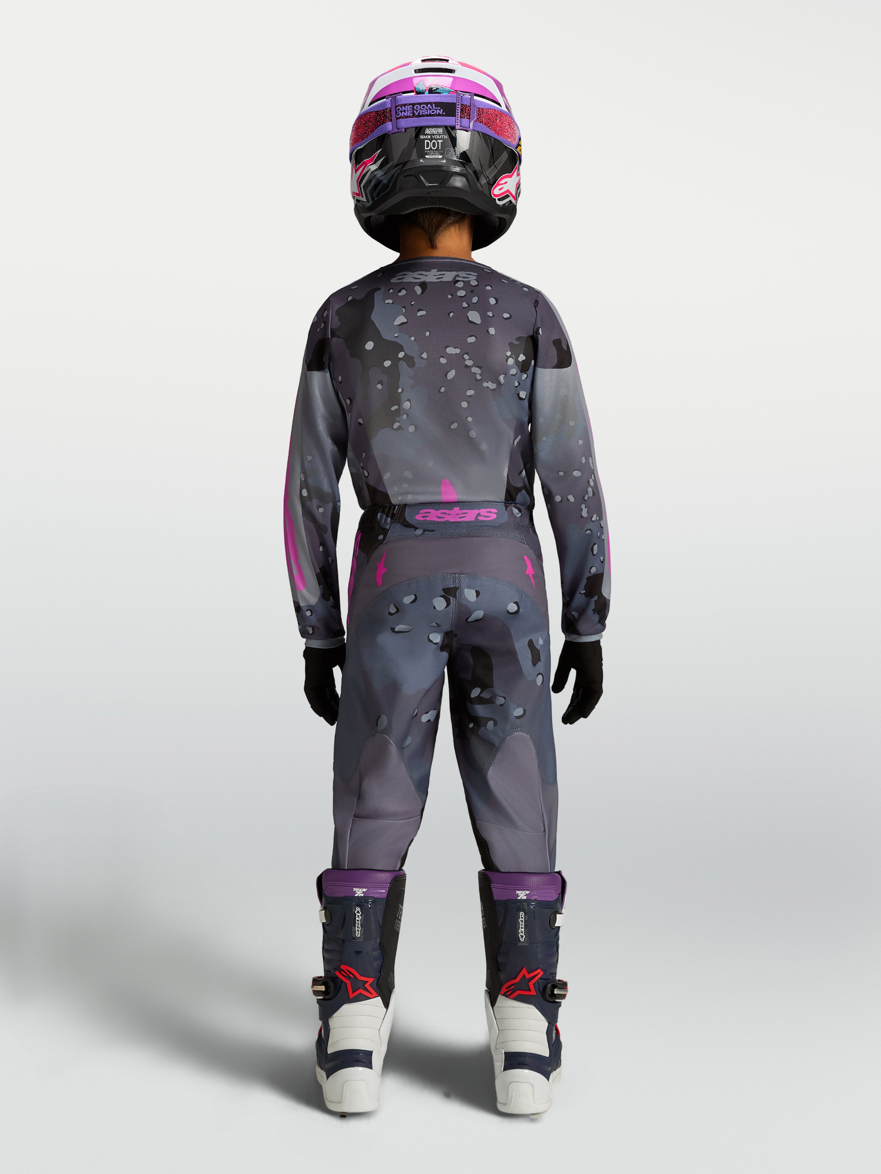 Alpinestars 2027 Youth Fluid Lone Gear Set, gray and pink motocross outfit for youth, featuring technical camo graphics.