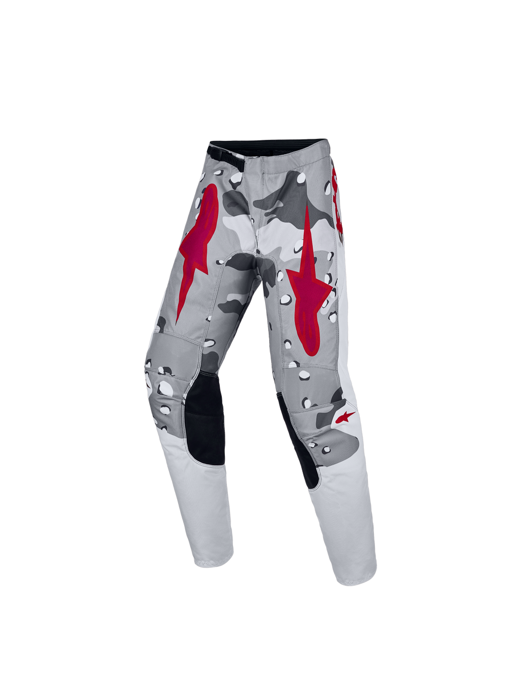 Alpinestars Youth Fluid Lone Pants, gray camo and red motocross pants with ergonomic fit for off-road riding.