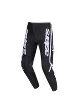 Alpinestars 2026 Youth Fluid Apex Pants, Motocross Pants, Black and White, featuring bold vertical astars branding on the legs, ergonomic pre-curved shape, and reinforced panels for off-road performance.