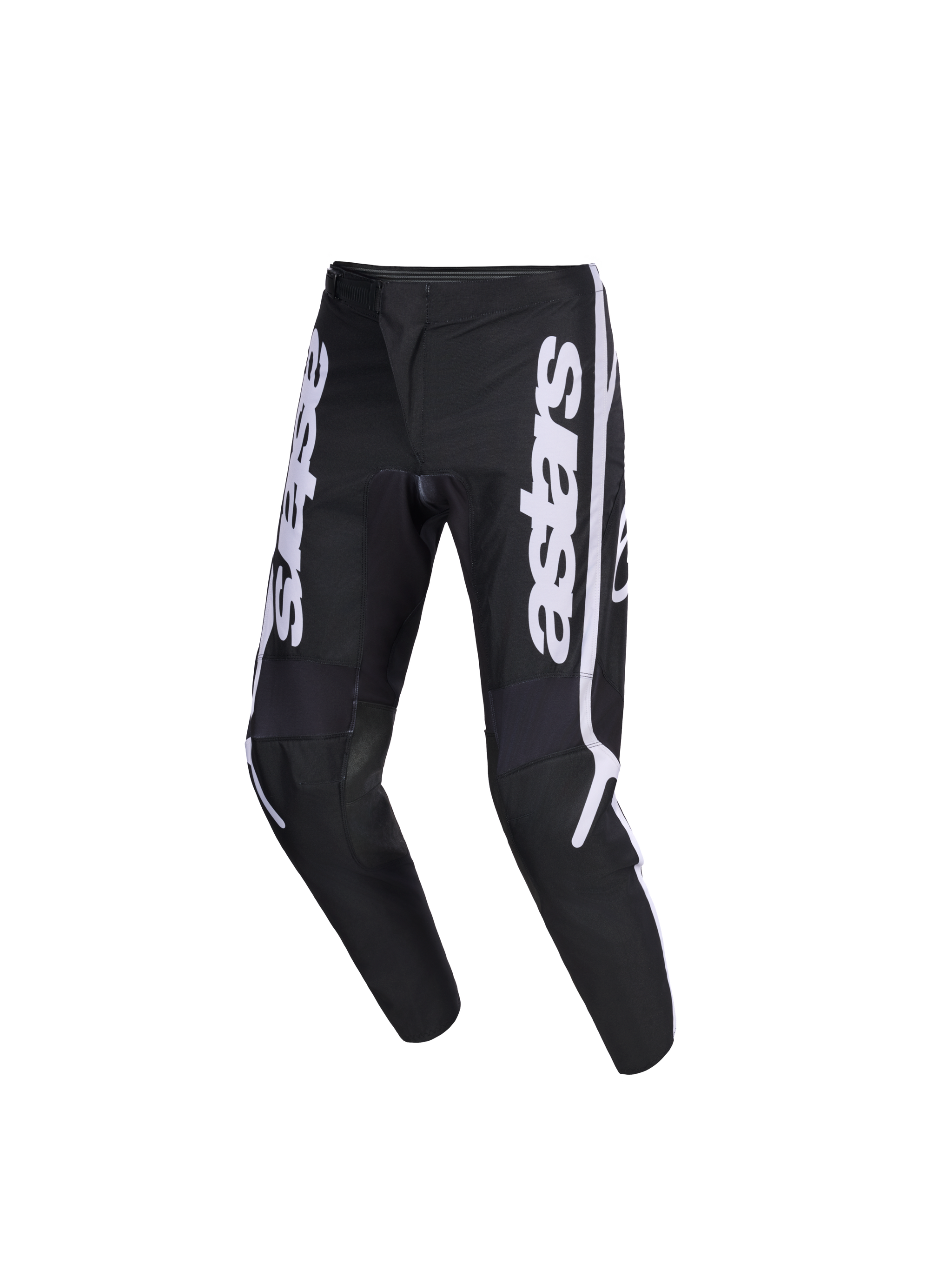 Alpinestars 2026 Youth Fluid Apex Pants, Motocross Pants, Black and White, featuring bold vertical astars branding on the legs, ergonomic pre-curved shape, and reinforced panels for off-road performance.