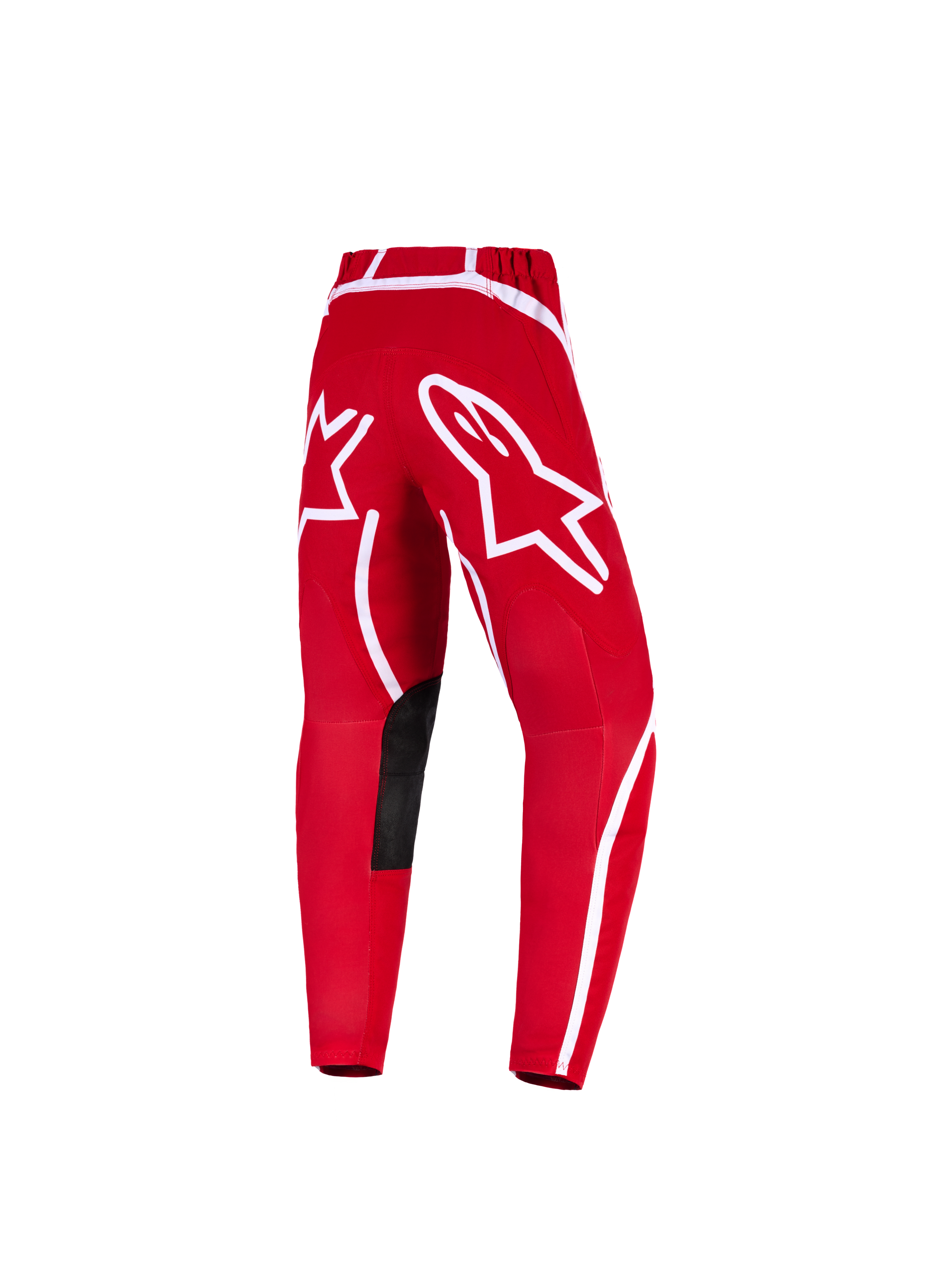 Alpinestars 2026 Youth Fluid Apex Pants, Motocross Pants, Red and White, back view featuring a large white star logo on the thigh, black reinforced inner knees, and white curved accents, durable polyfabric design for youth off-road racing
