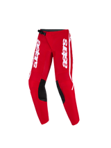 Alpinestars 2026 Youth Fluid Apex Pants, Motocross Pants, Red and White, featuring vertical white "astars" branding on the thighs, black reinforced inner knee panels, and a black ratchet waist closure, designed for youth off-road racing.