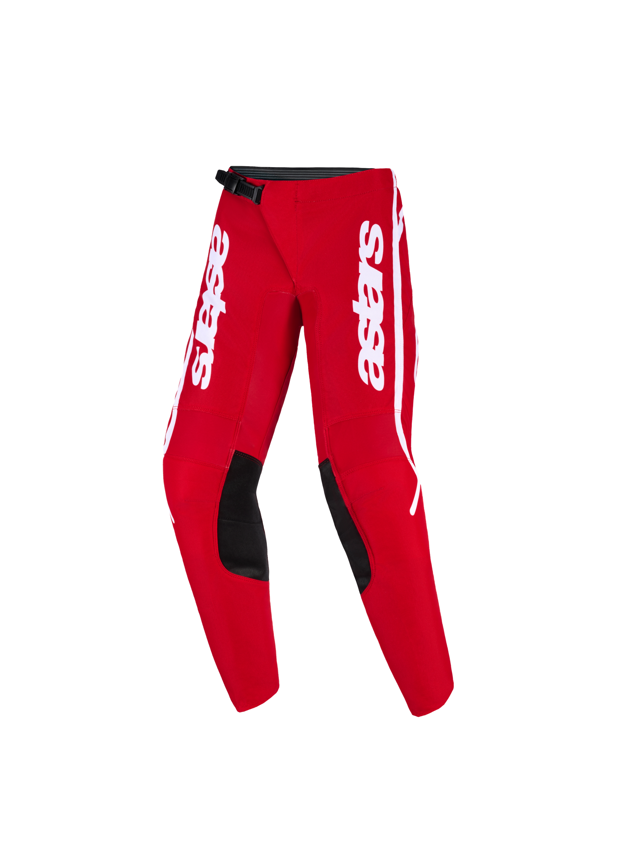 Alpinestars 2026 Youth Fluid Apex Pants, Motocross Pants, Red and White, featuring vertical white "astars" branding on the thighs, black reinforced inner knee panels, and a black ratchet waist closure, designed for youth off-road racing.