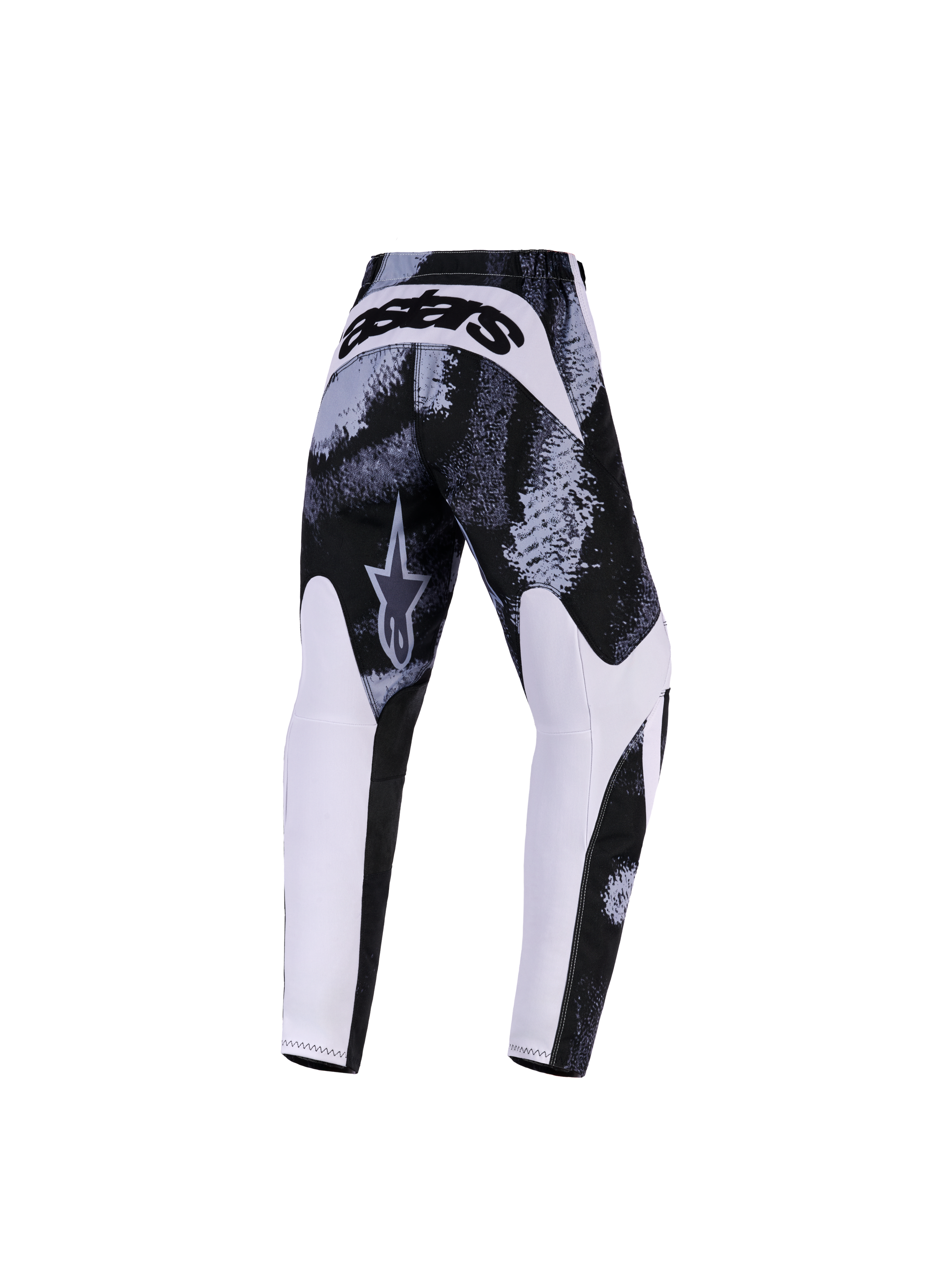 Alpinestars 2026 Youth Fluid Lahnd Pants, Motocross Pants, Iron Camo, back view featuring a black and white abstract pattern, white inner leg panels, and bold 'astars' branding on the back yoke, durable off-road gear for young riders