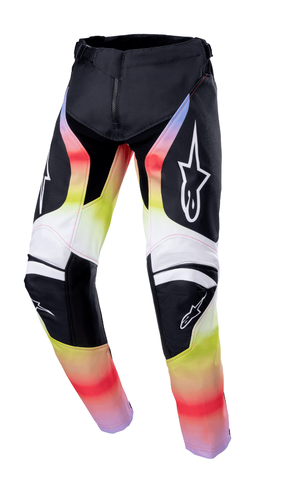 Alpinestars 2023 Youth Racer Semi Pants, Motocross Racing Pants, Black with Red Yellow and White Gradient, Star Logos on Thighs and Knees, Technical Design with Reinforced Knee Protection