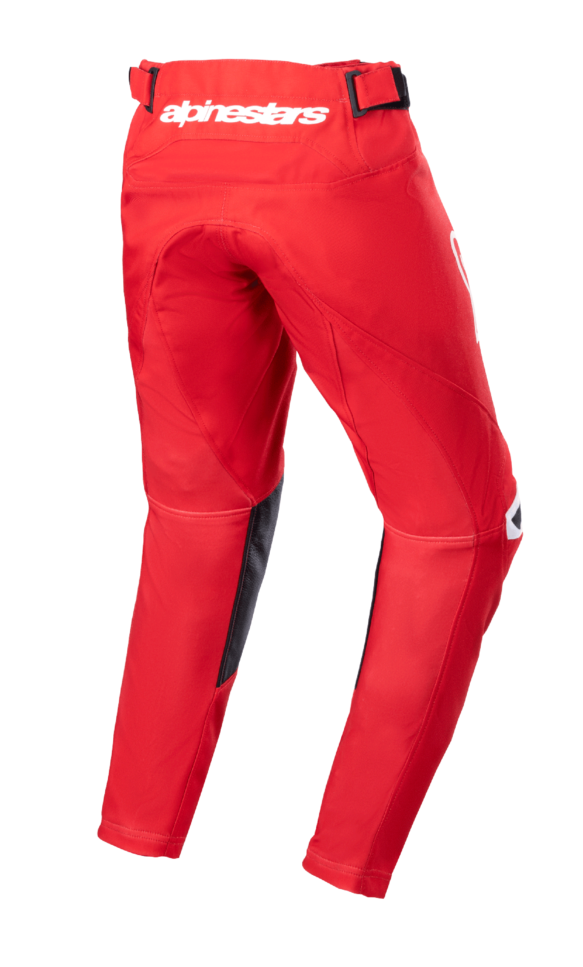 Alpinestars Youth 2023 Racer Narin Pants, Motocross Pants, Mars Red and White, Back view showing white Alpinestars branding on the rear waist, black leather inner leg panels, pre-curved ergonomic design for off-road riding