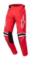 Alpinestars 2023 Youth Racer Narin Pants, Motocross Pants, Mars Red and White, featuring white star logos on thighs, black knee reinforcement panels with white stripes, adjustable waist straps, durable off-road racing design