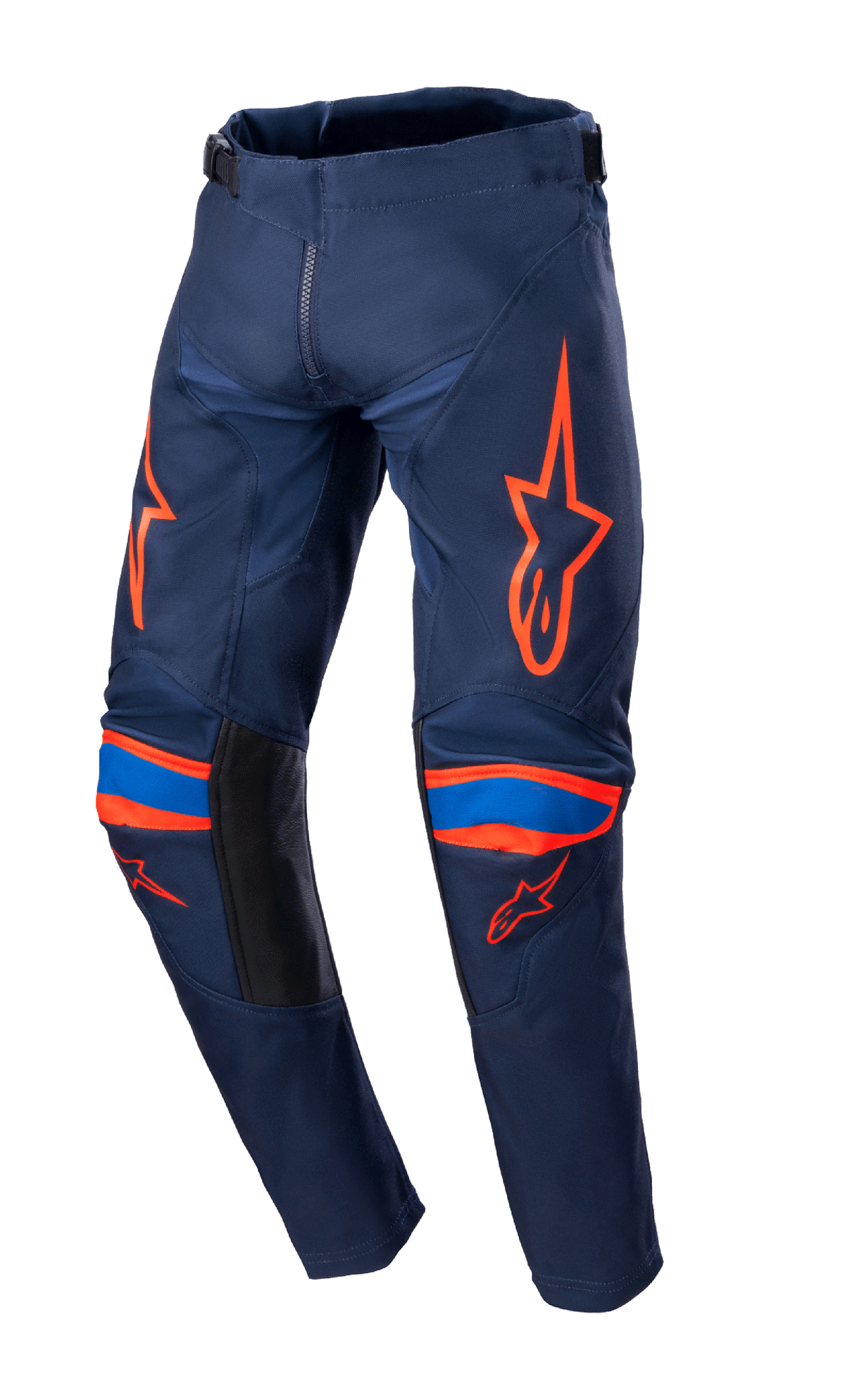 Alpinestars 2023 Youth Racer Narin Pants, Motocross Pants, Night Navy and Hot Orange, featuring bright orange logo graphics on thighs and knees, blue accents, black inner leg panels, durable textile construction for off-road racing