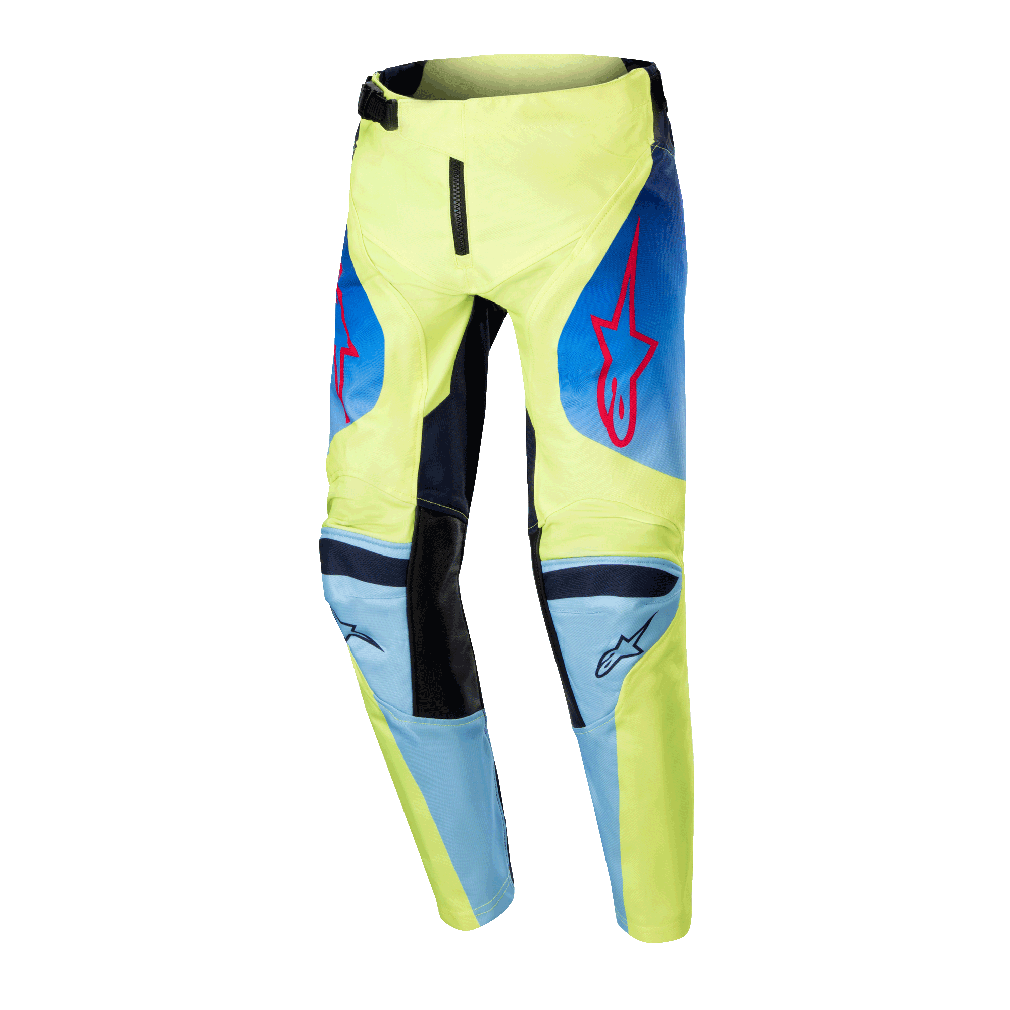 Alpinestars 2024 Youth Racer Hoen Pants, Motocross Pants, Yellow Fluo and Blue Night Navy, featuring red Alpinestars star logos, navy blue panels, and black reinforced knees, sporty design for off-road racing