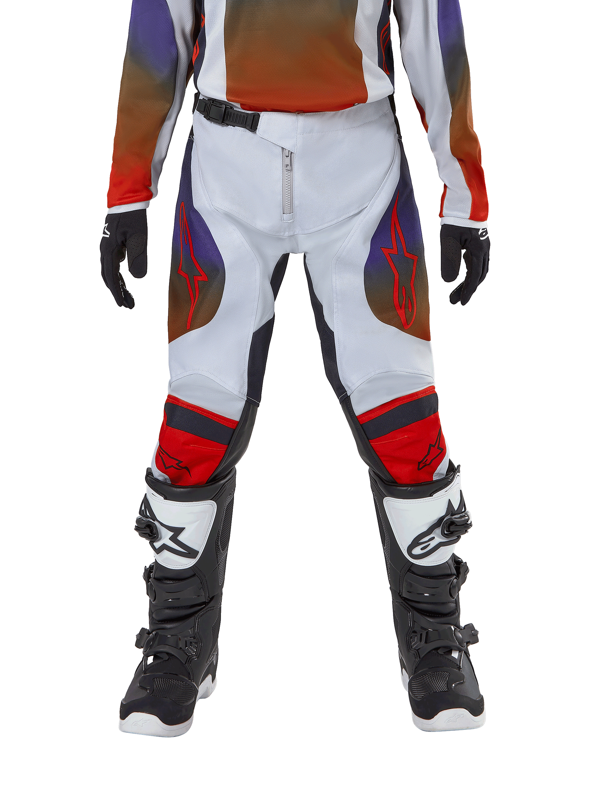 Alpinestars Youth 2024 Racer Hoen Pants, Motocross Pants, Light Gray Hot Orange Black, worn with matching jersey and black and white motocross boots, featuring red Alpinestars logos on thighs and knees, sporty design for off-road racing